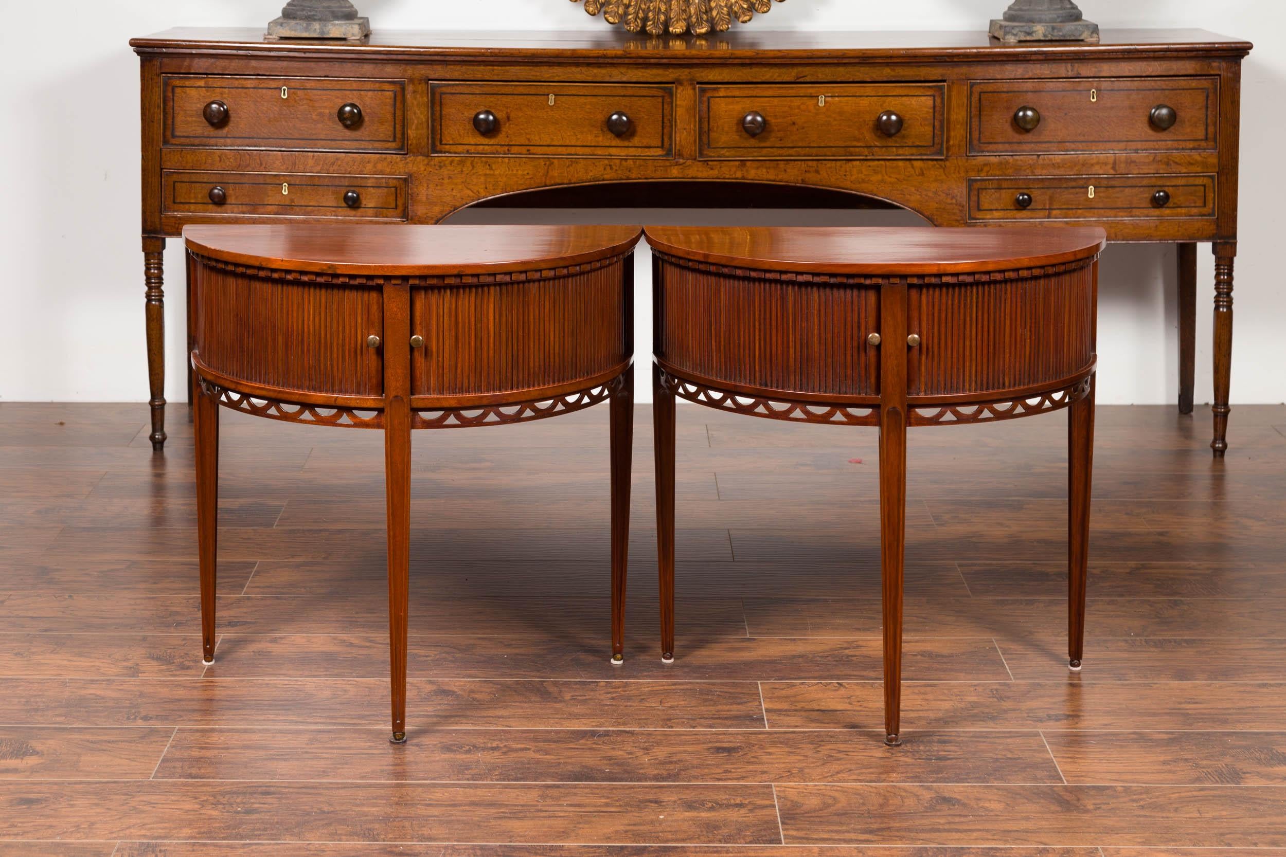 Pair of English 1870s Mahogany Demilune Tables with Reeded Sliding Doors 10