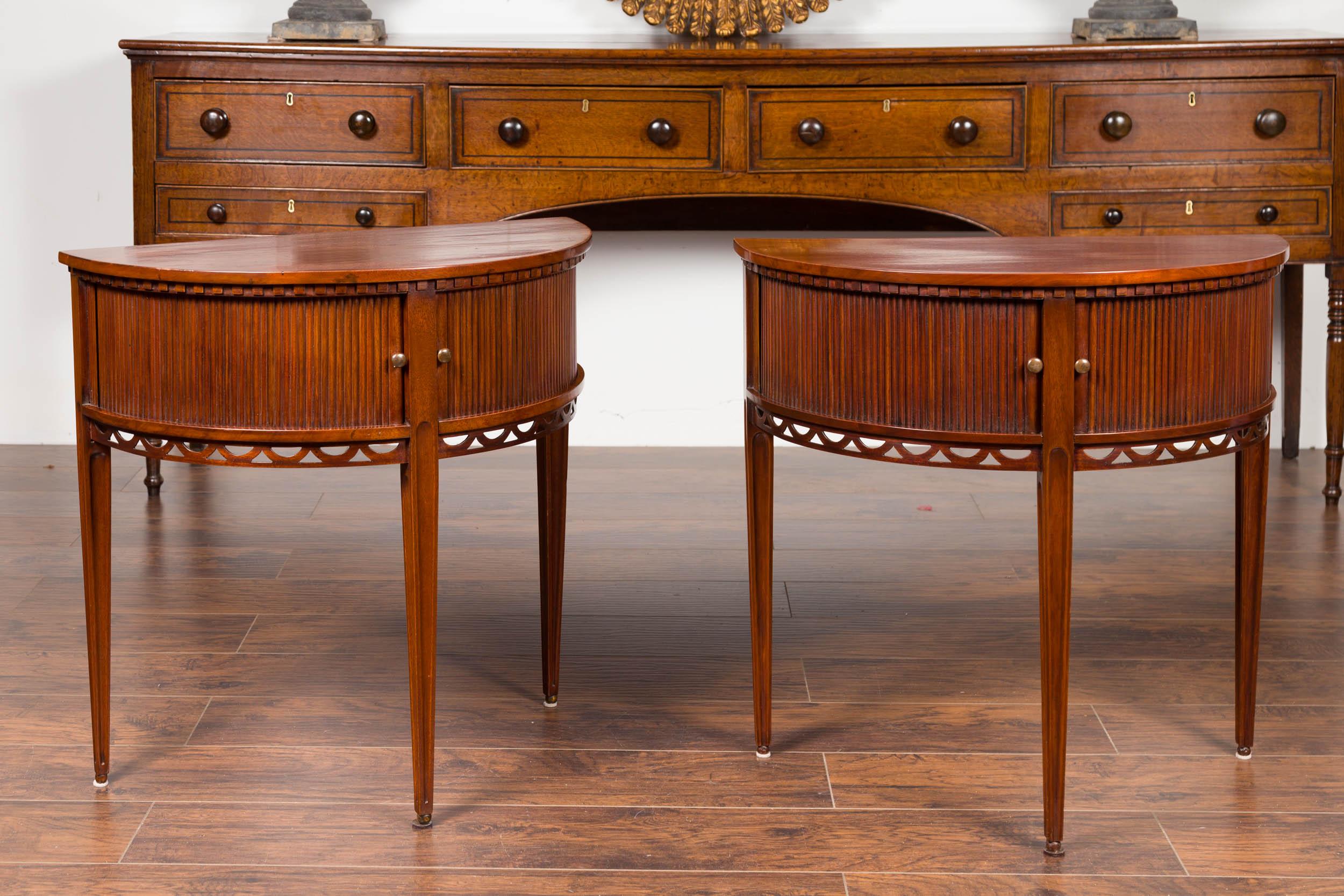 Pair of English 1870s Mahogany Demilune Tables with Reeded Sliding Doors In Good Condition In Atlanta, GA
