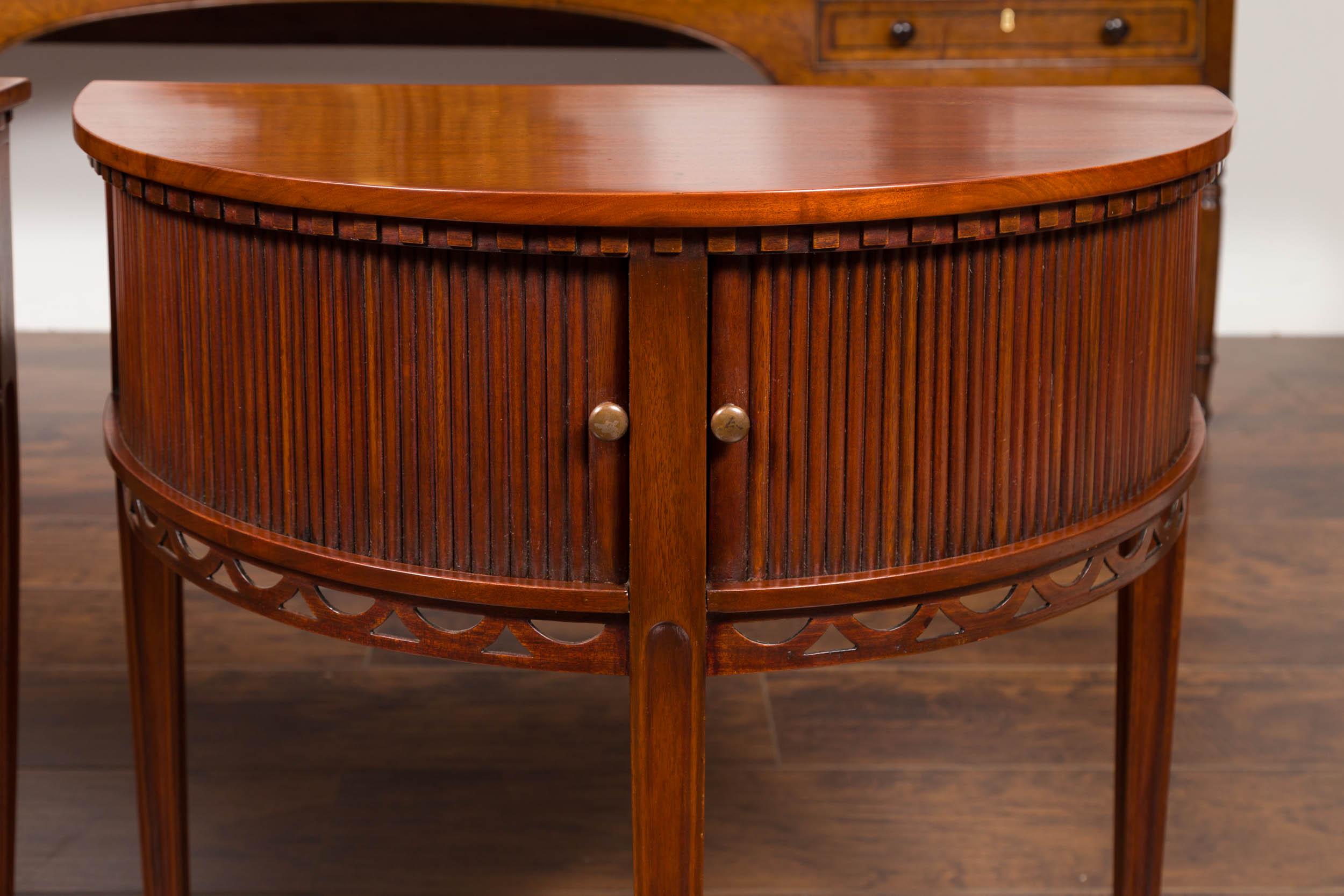 Pair of English 1870s Mahogany Demilune Tables with Reeded Sliding Doors 3