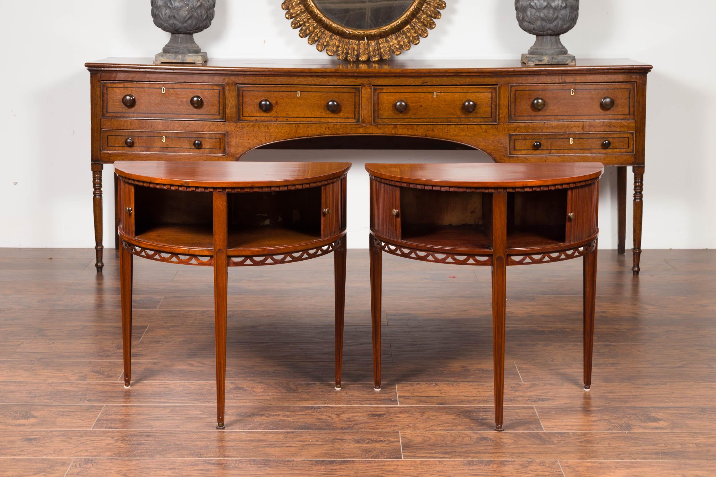 Pair of English 1870s Mahogany Demilune Tables with Reeded Sliding Doors 4