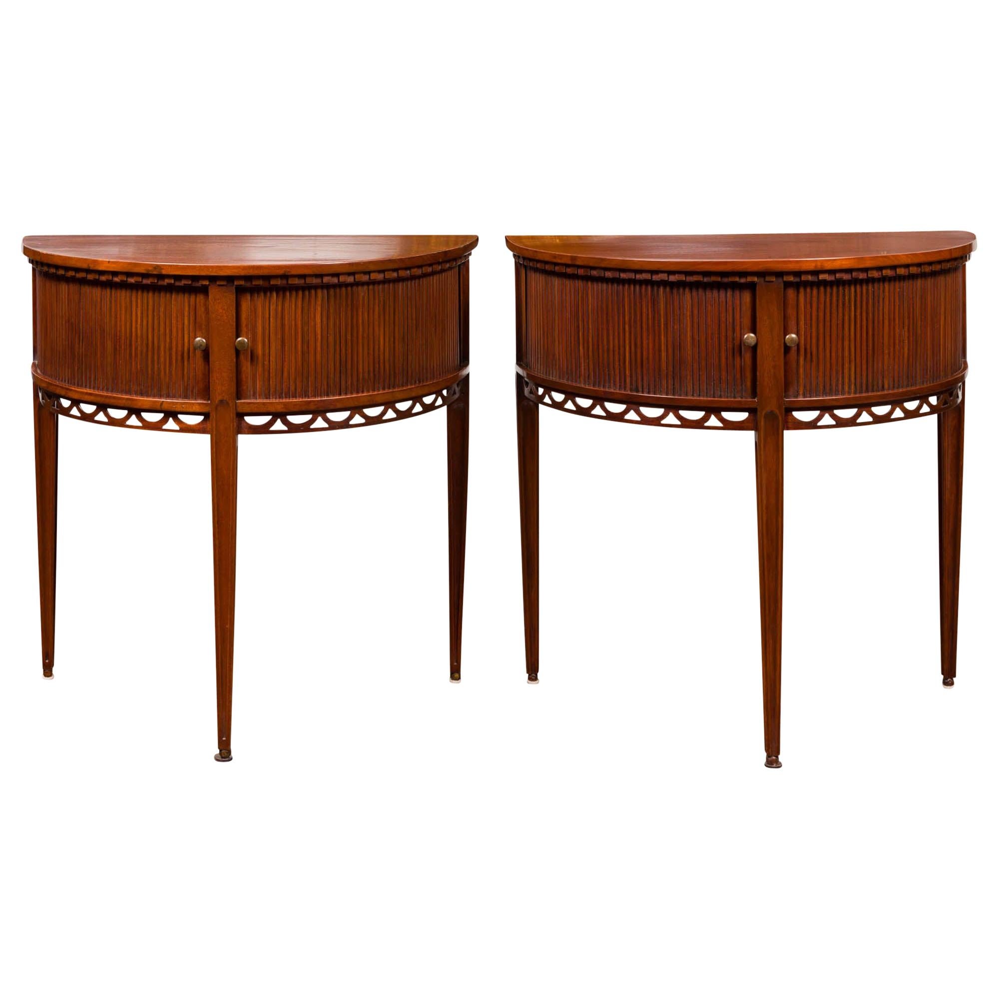 Pair of English 1870s Mahogany Demilune Tables with Reeded Sliding Doors