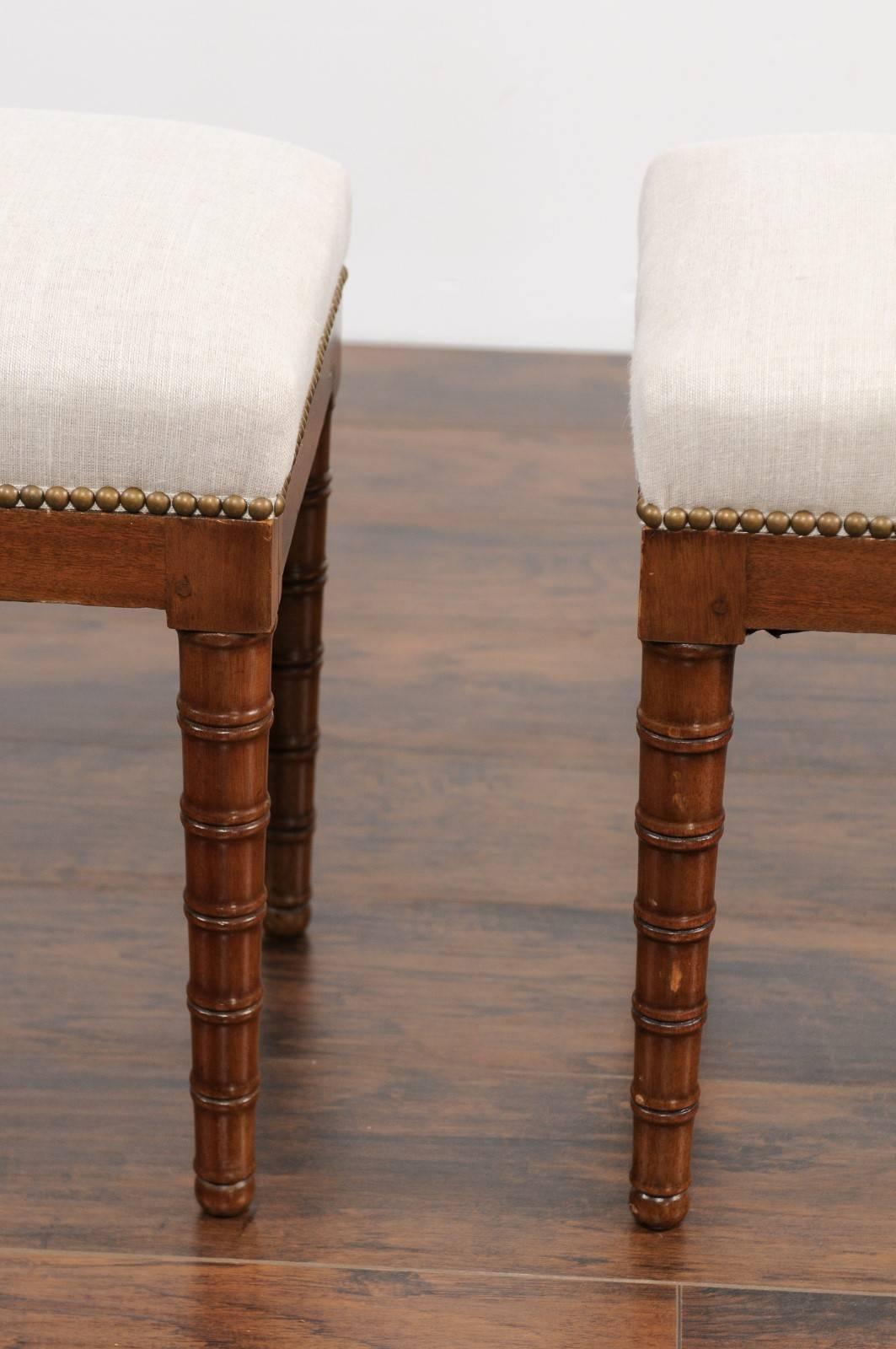 Pair of English 1870s Mahogany Stools with Faux-Bamboo Legs and Upholstery 6