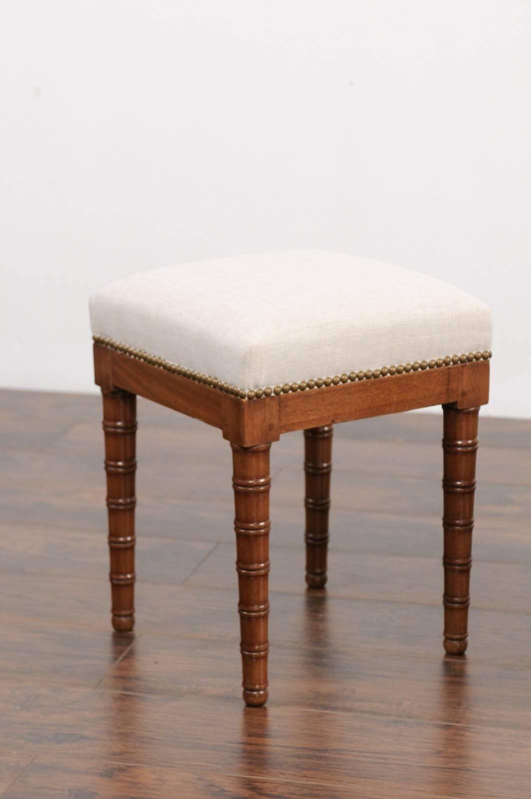Pair of English 1870s Mahogany Stools with Faux-Bamboo Legs and Upholstery In Good Condition In Atlanta, GA