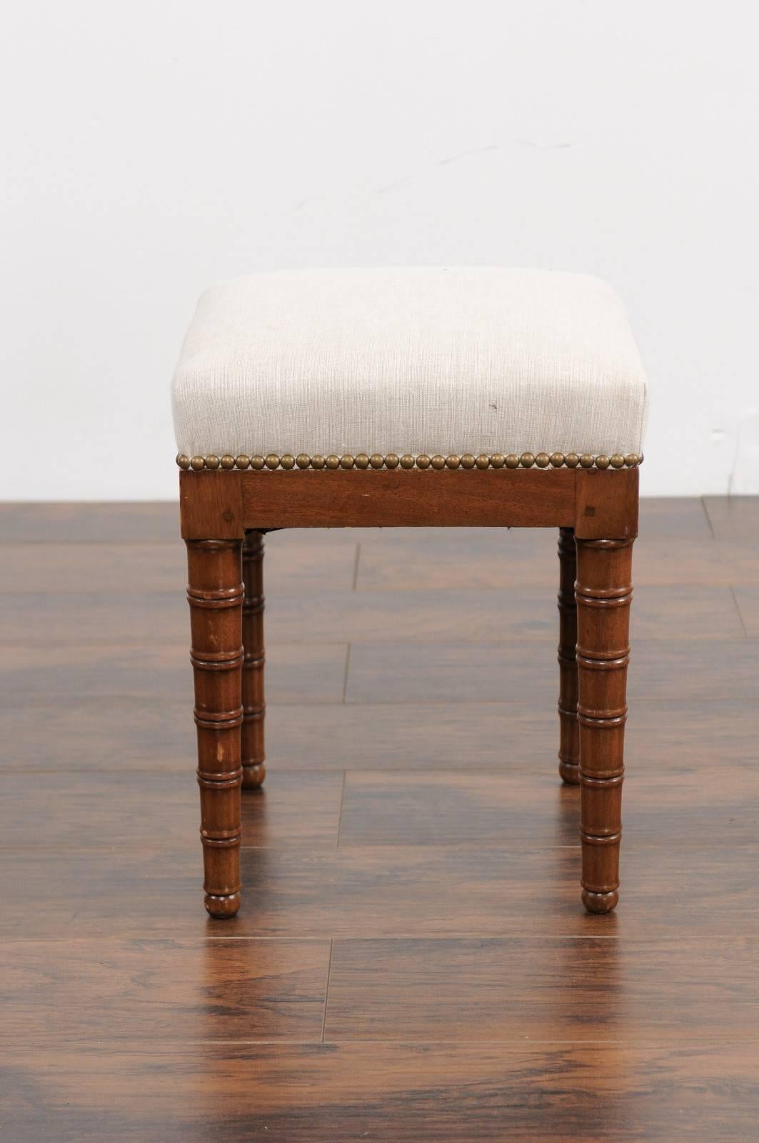 19th Century Pair of English 1870s Mahogany Stools with Faux-Bamboo Legs and Upholstery