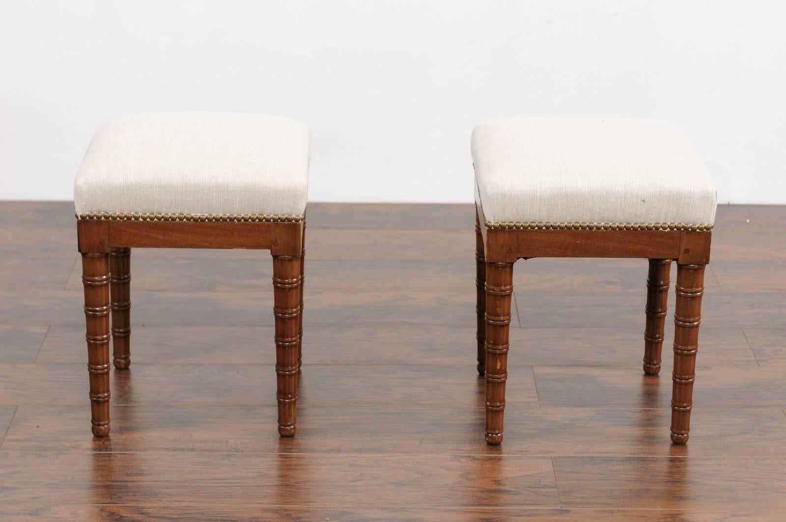 Pair of English 1870s Mahogany Stools with Faux-Bamboo Legs and Upholstery 1