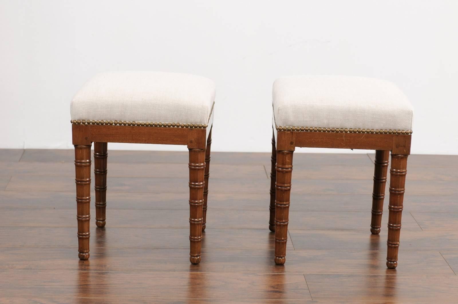 Pair of English 1870s Mahogany Stools with Faux-Bamboo Legs and Upholstery 2