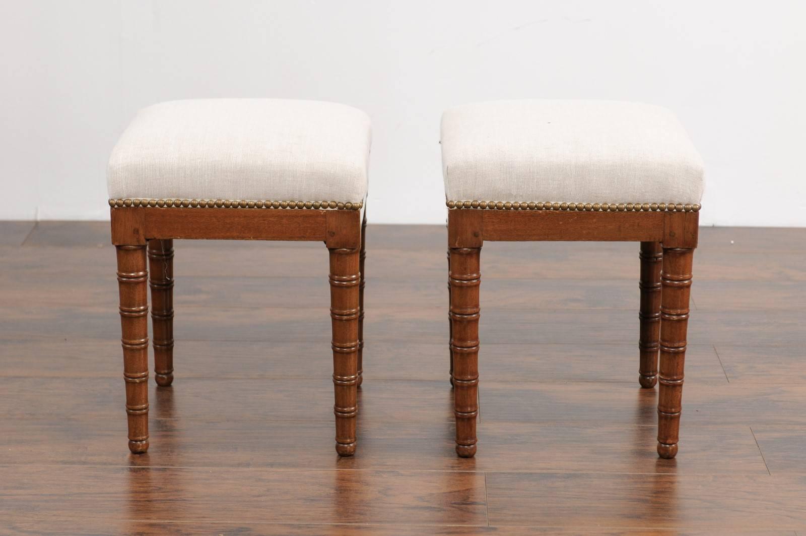 Pair of English 1870s Mahogany Stools with Faux-Bamboo Legs and Upholstery 3