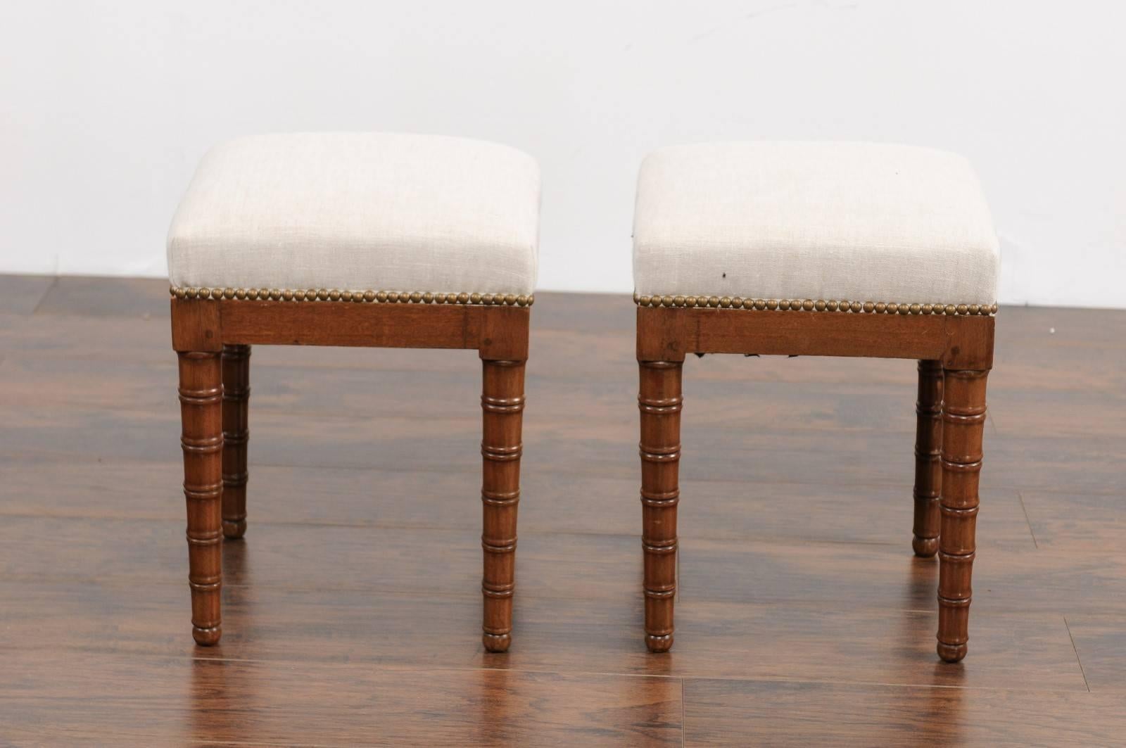 Pair of English 1870s Mahogany Stools with Faux-Bamboo Legs and Upholstery 4