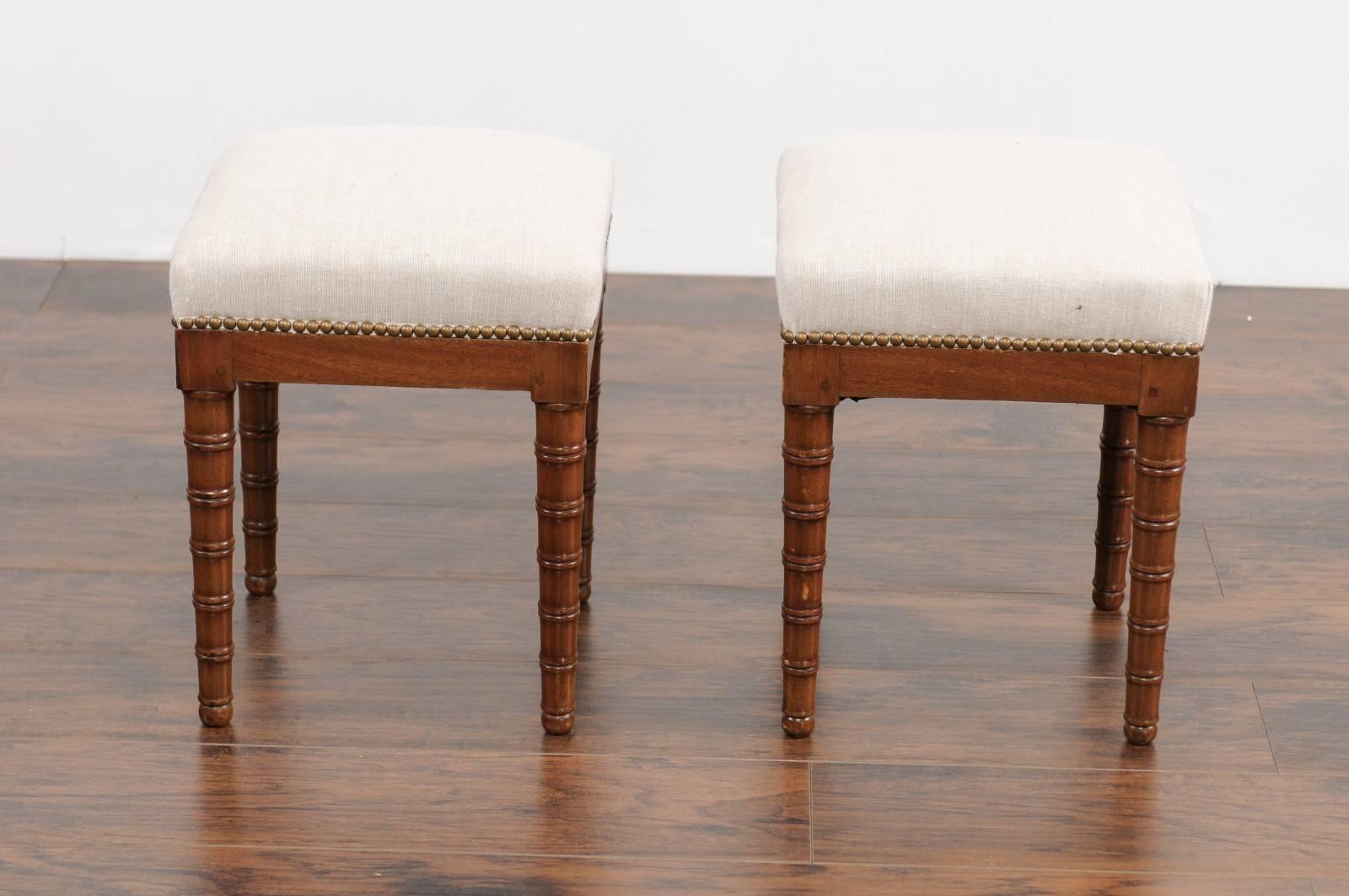Pair of English 1870s Mahogany Stools with Faux-Bamboo Legs and Upholstery 5