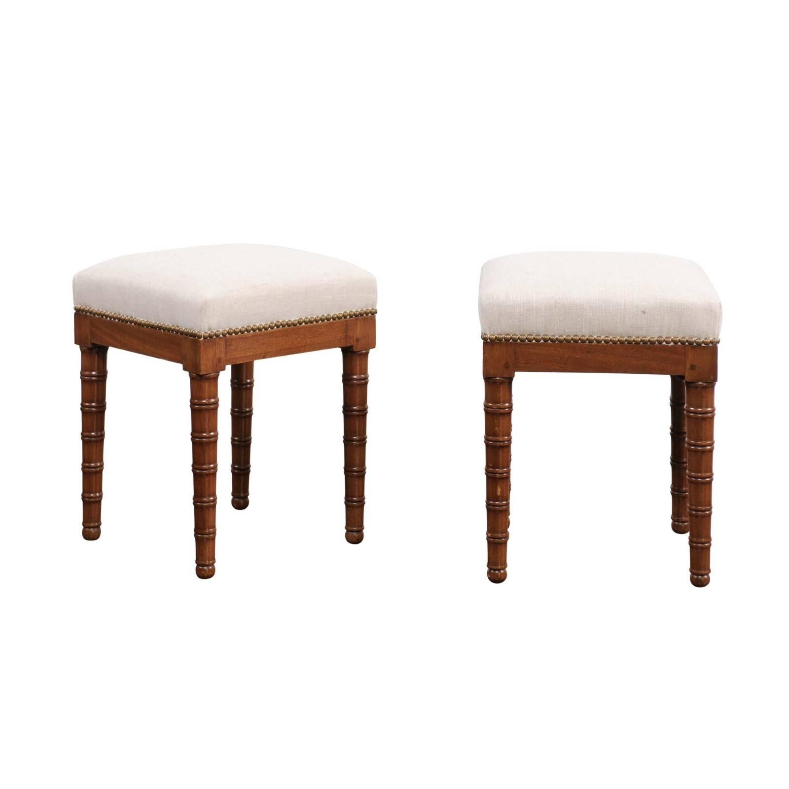 Pair of English 1870s Mahogany Stools with Faux-Bamboo Legs and Upholstery