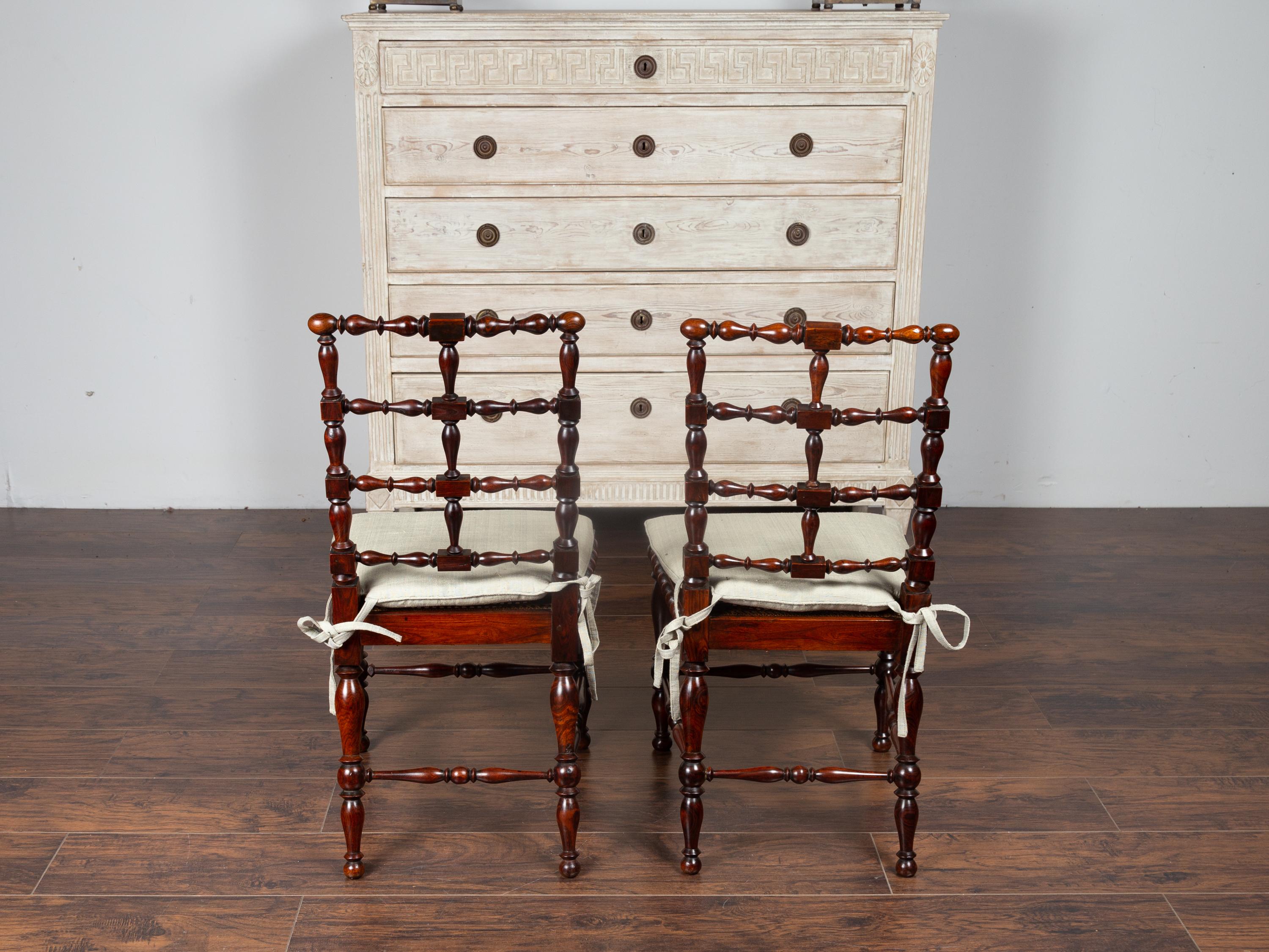 Pair of English 1870s Rosewood Side Chairs with Cane Seats and Turned Spindles 3