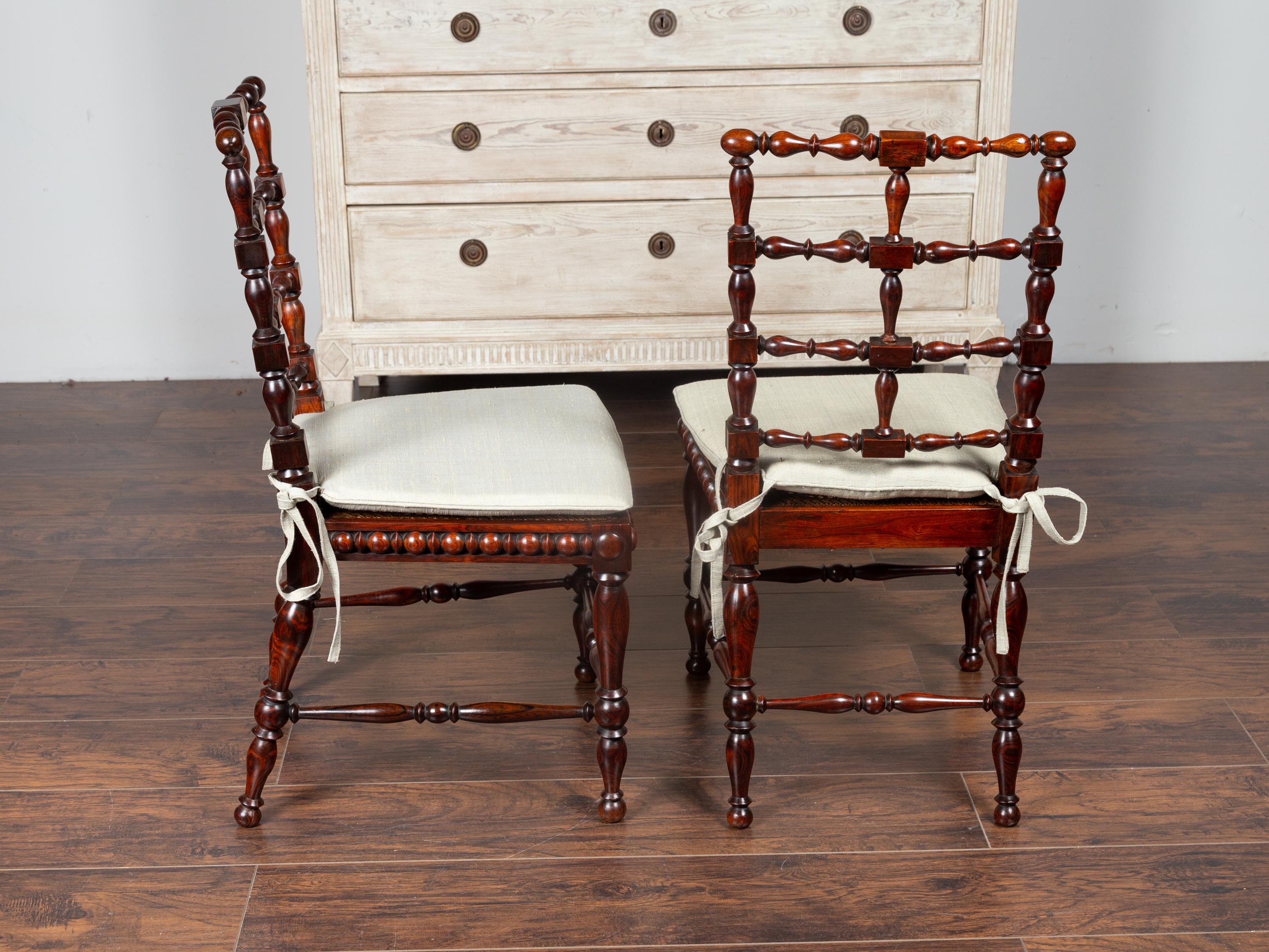 Pair of English 1870s Rosewood Side Chairs with Cane Seats and Turned Spindles 4