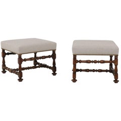 Antique Pair of English 1870s Walnut Stools with Turned Legs and Newly Upholstered Seats
