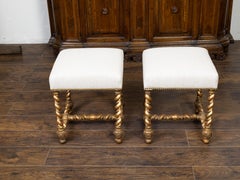 Pair of English 1880s Giltwood Barley Twist Stools with New Upholstery
