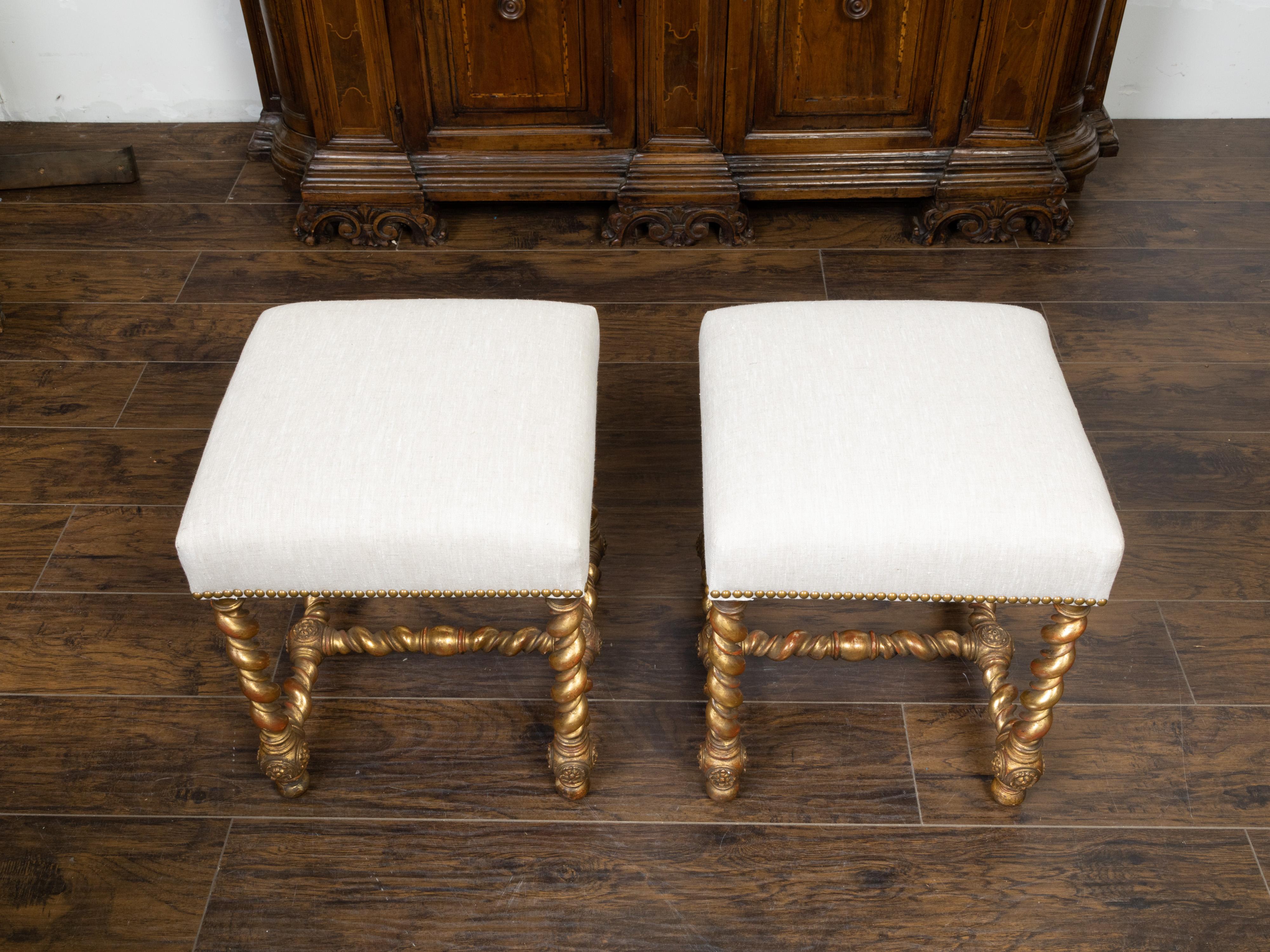 Turned Pair of English 1880s Giltwood Barley Twist Stools with New Upholstery For Sale