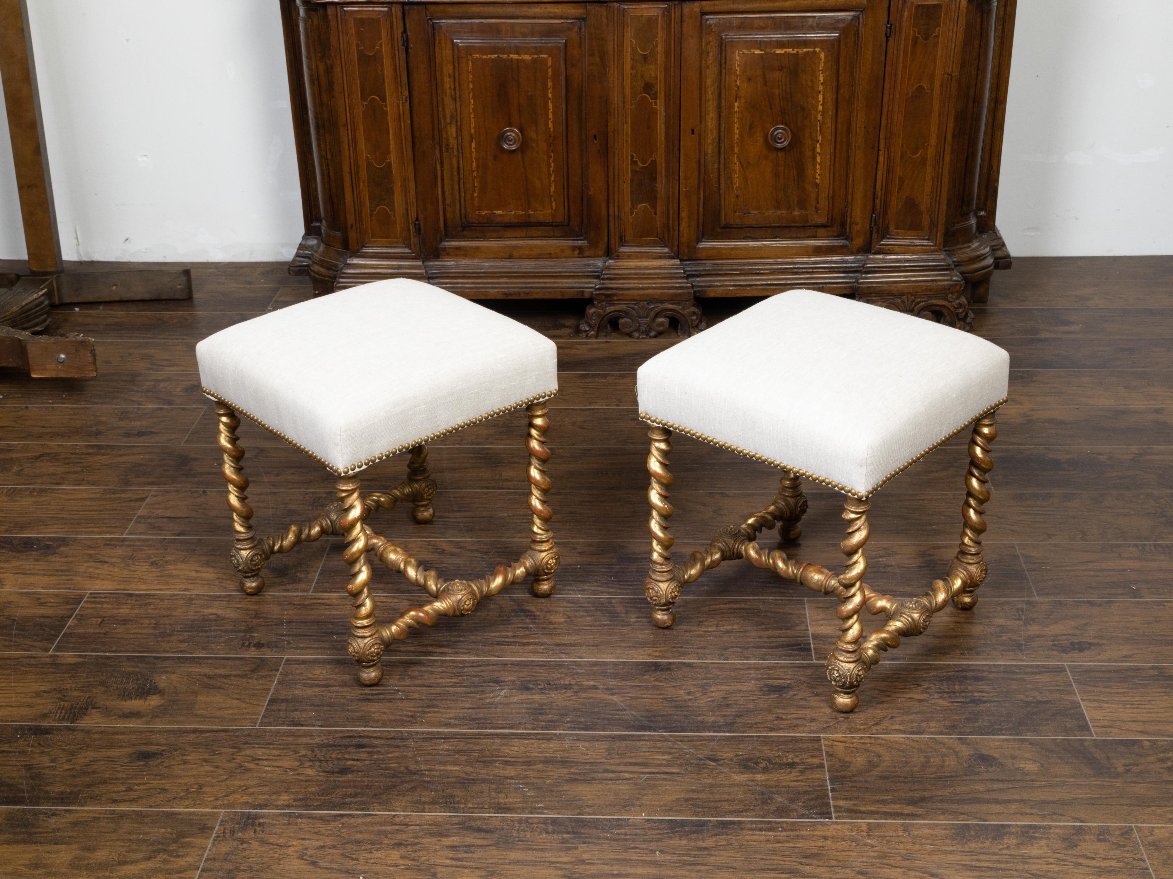 19th Century Pair of English 1880s Giltwood Barley Twist Stools with New Upholstery For Sale