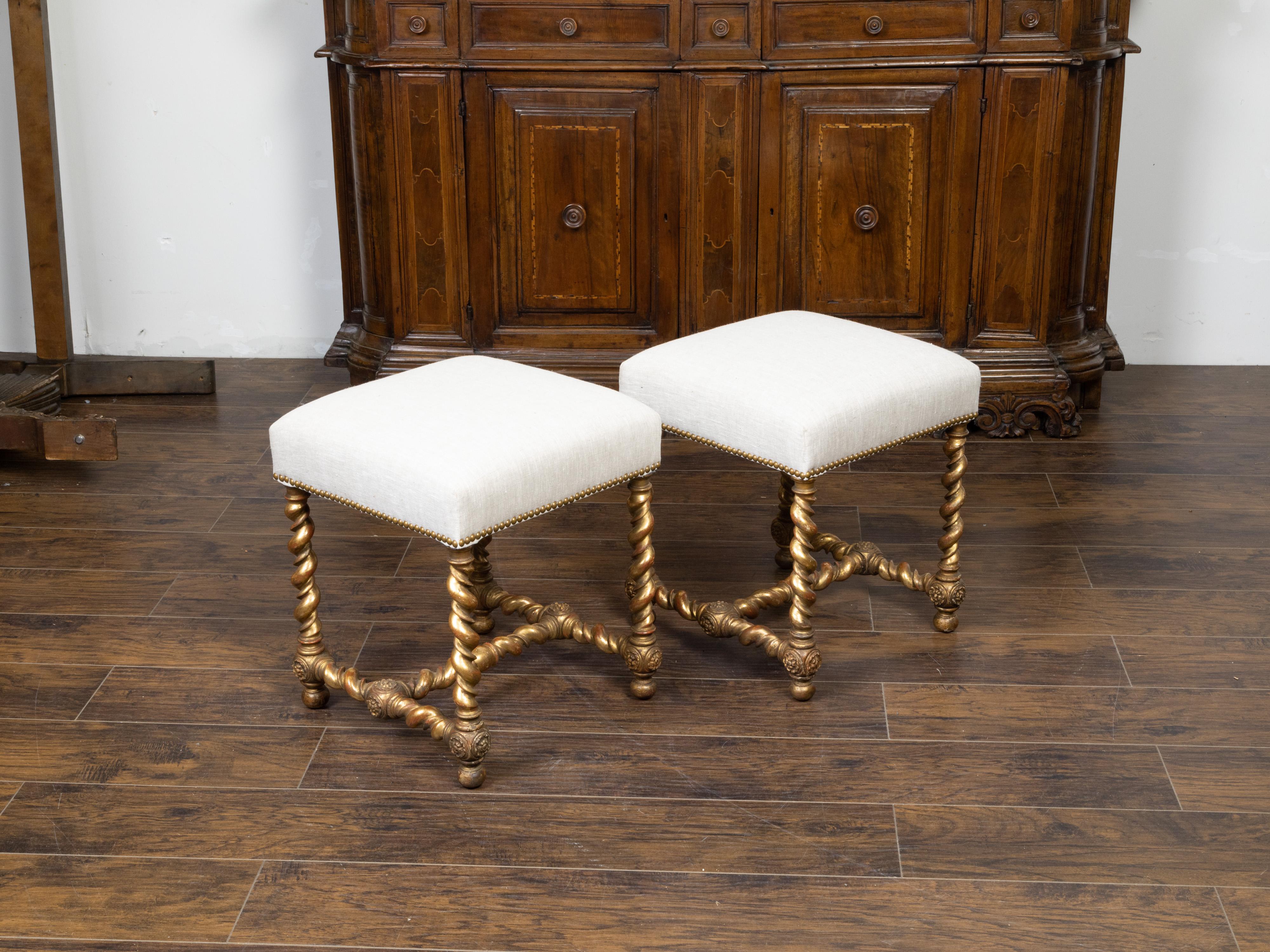 Pair of English 1880s Giltwood Barley Twist Stools with New Upholstery For Sale 1