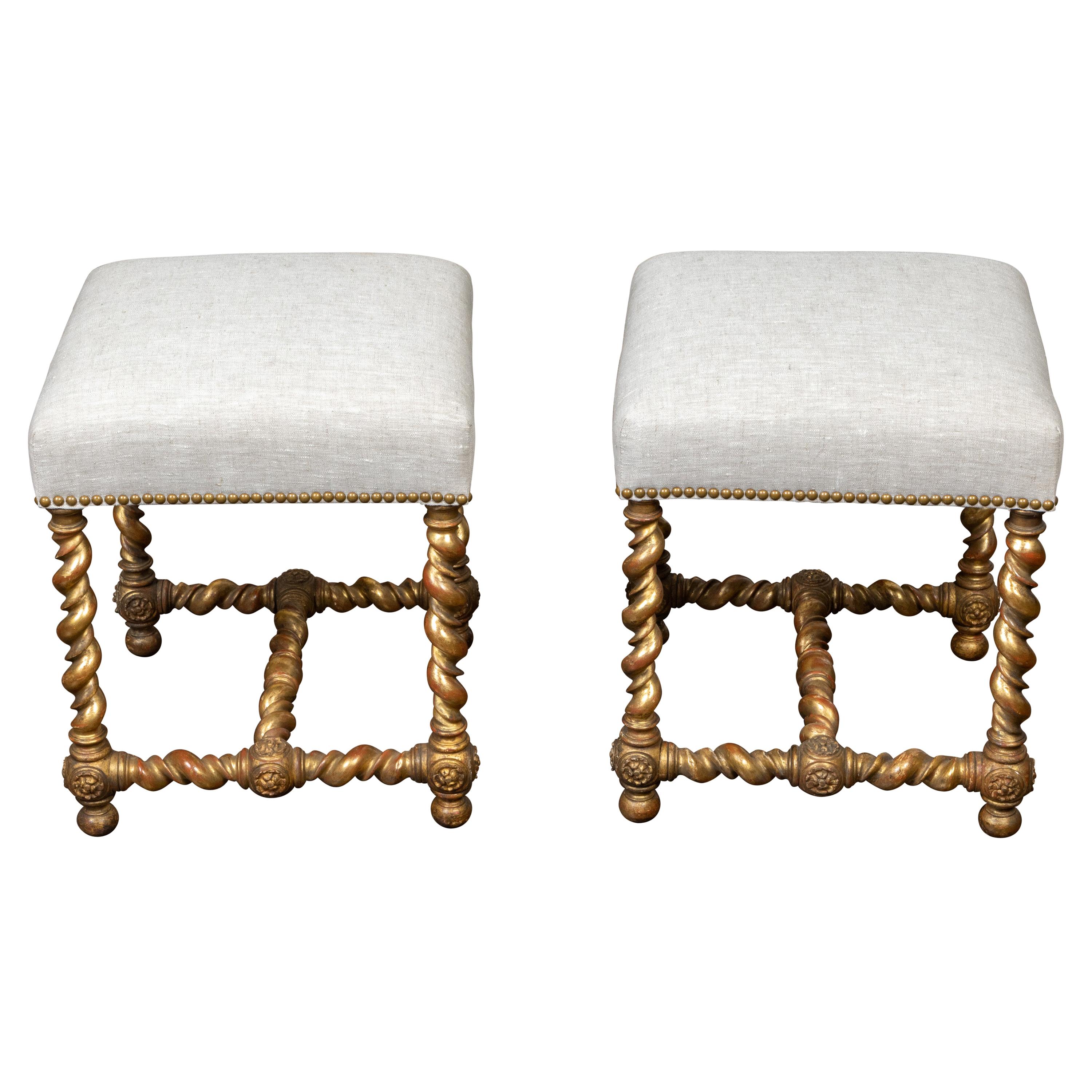 Pair of English 1880s Giltwood Barley Twist Stools with New Upholstery For Sale