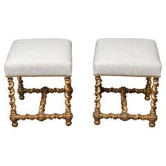 Pair of English 1880s Giltwood Barley Twist Stools with New Upholstery