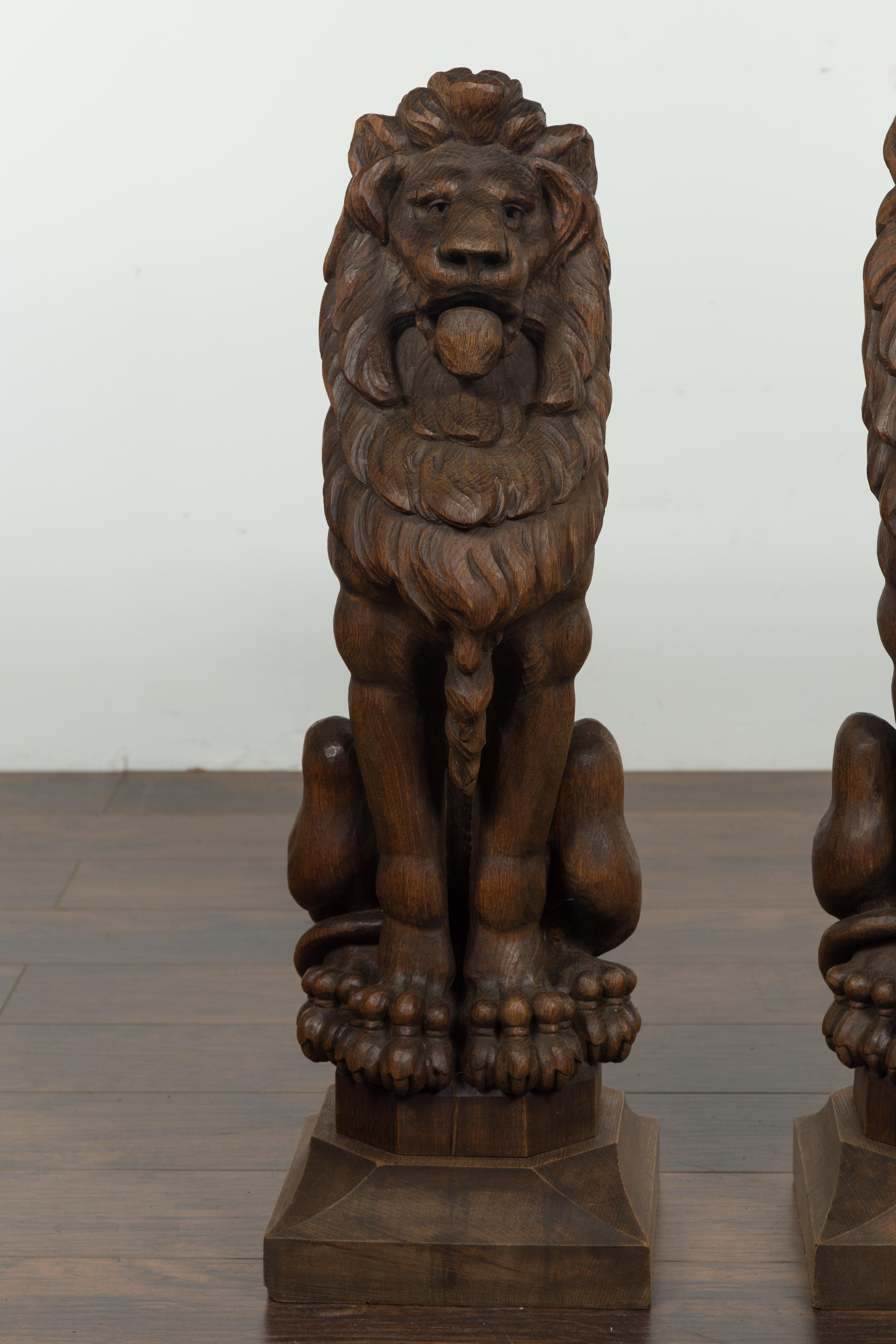 19th Century Pair of English 1880s Large Carved Oak Lions on Square Bases