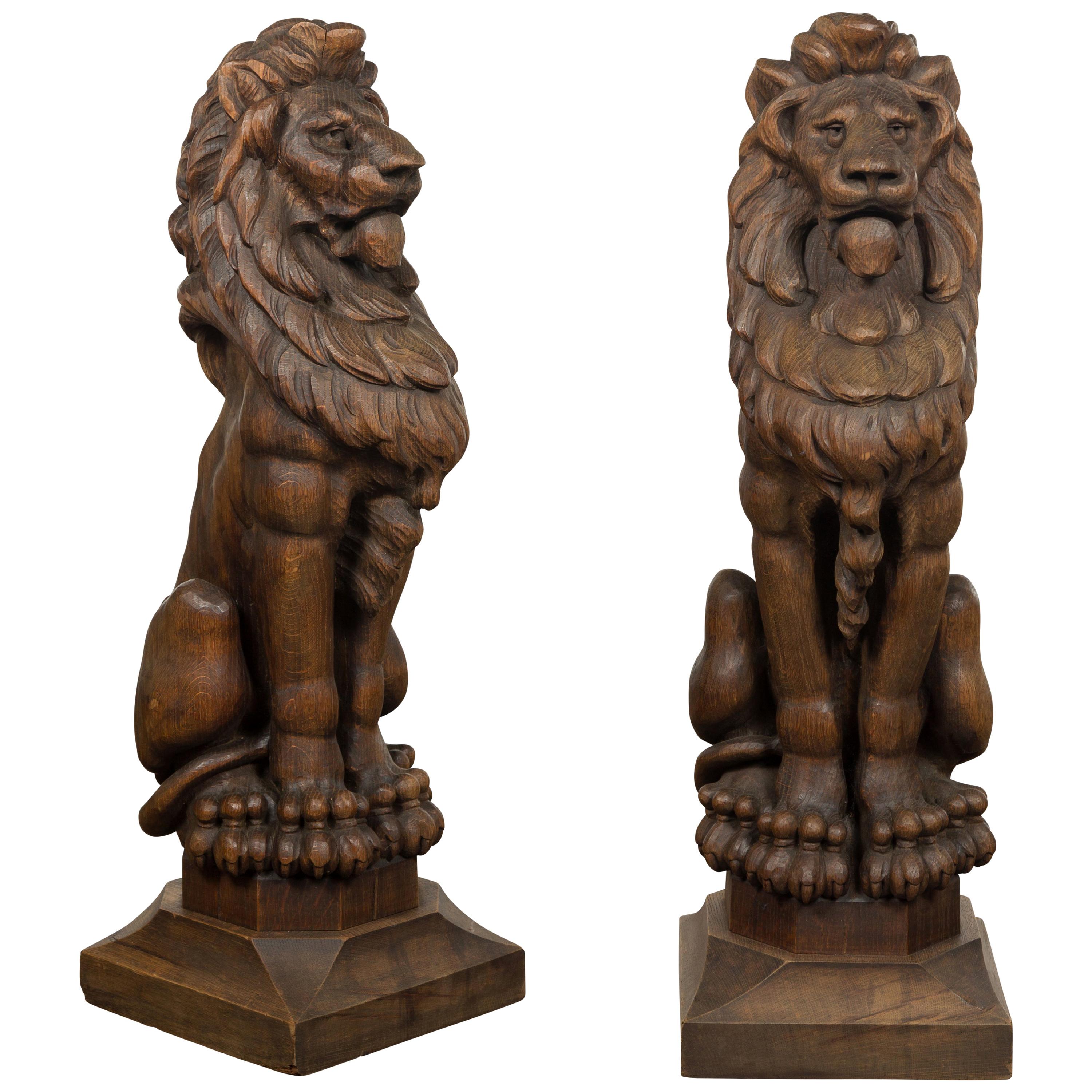 Pair of English 1880s Large Carved Oak Lions on Square Bases