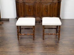 Pair of English 1880s Walnut Stools with Turned Legs and New Upholstery
