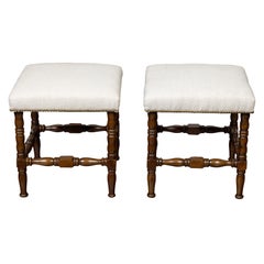 Pair of English 1880s Walnut Stools with Turned Legs and New Upholstery