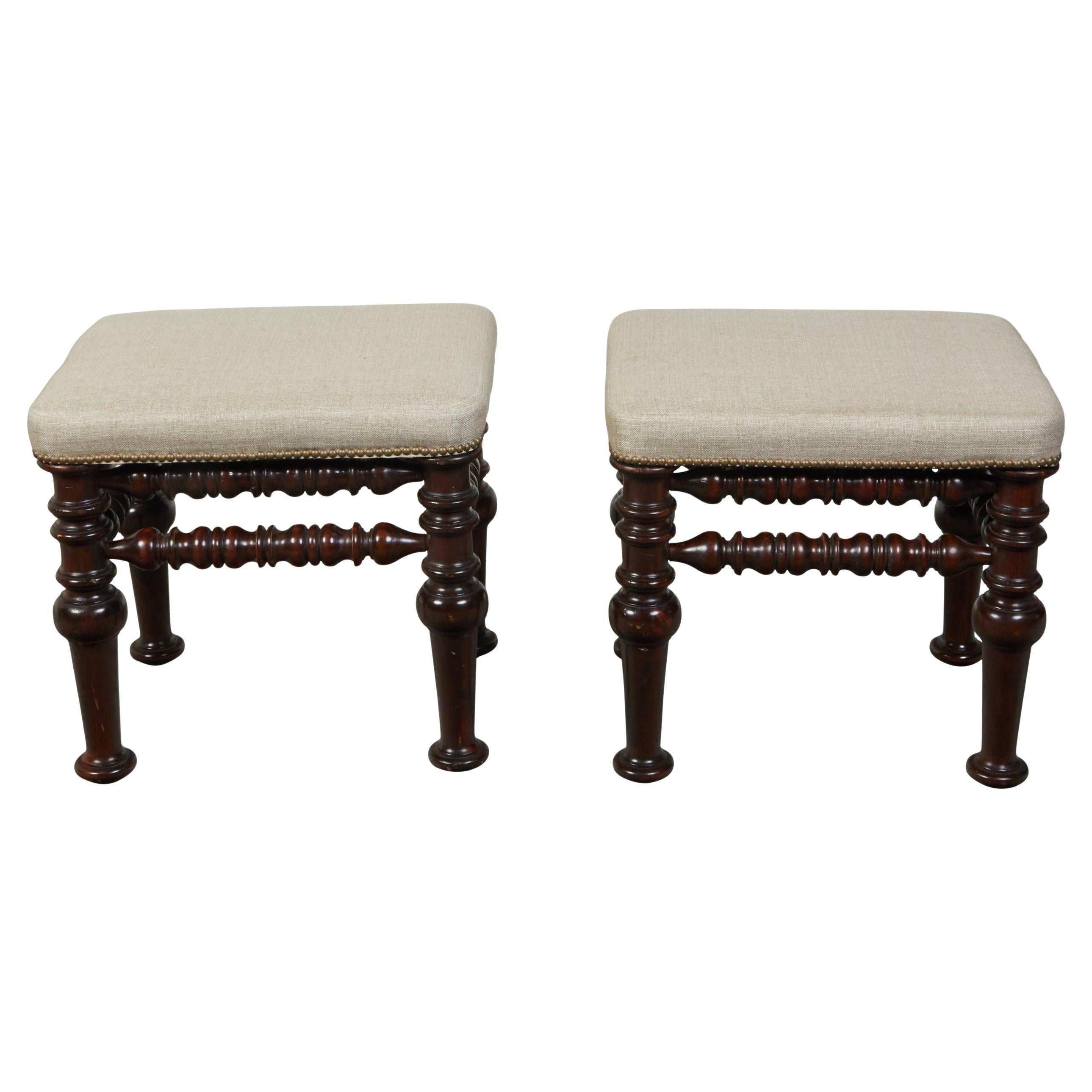 Pair of English 1880s Walnut Stools with Turned Legs and New Upholstery