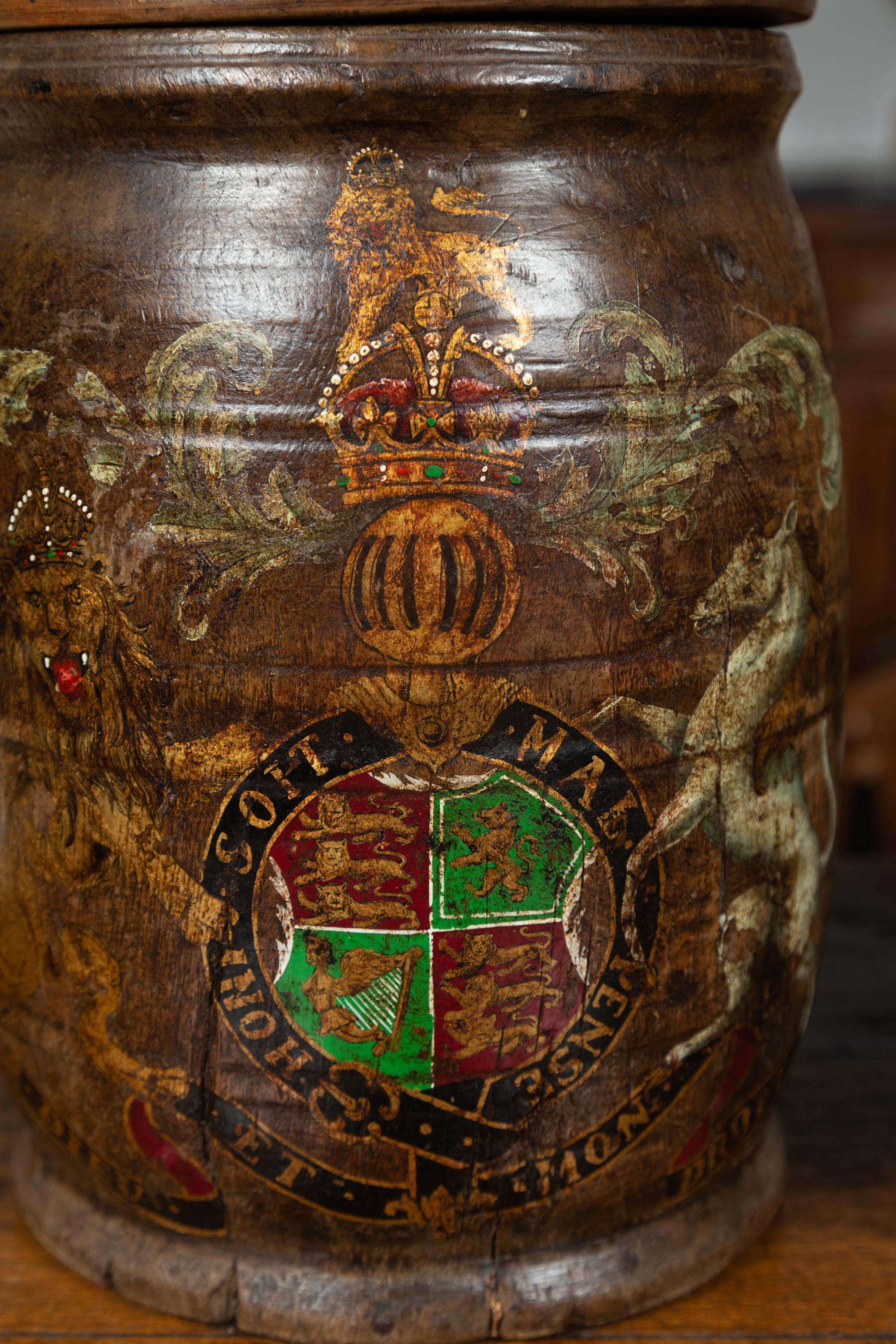 Pair of English 1880s Wooden Barrels with Coat of Arms Made into Table Lamps For Sale 7
