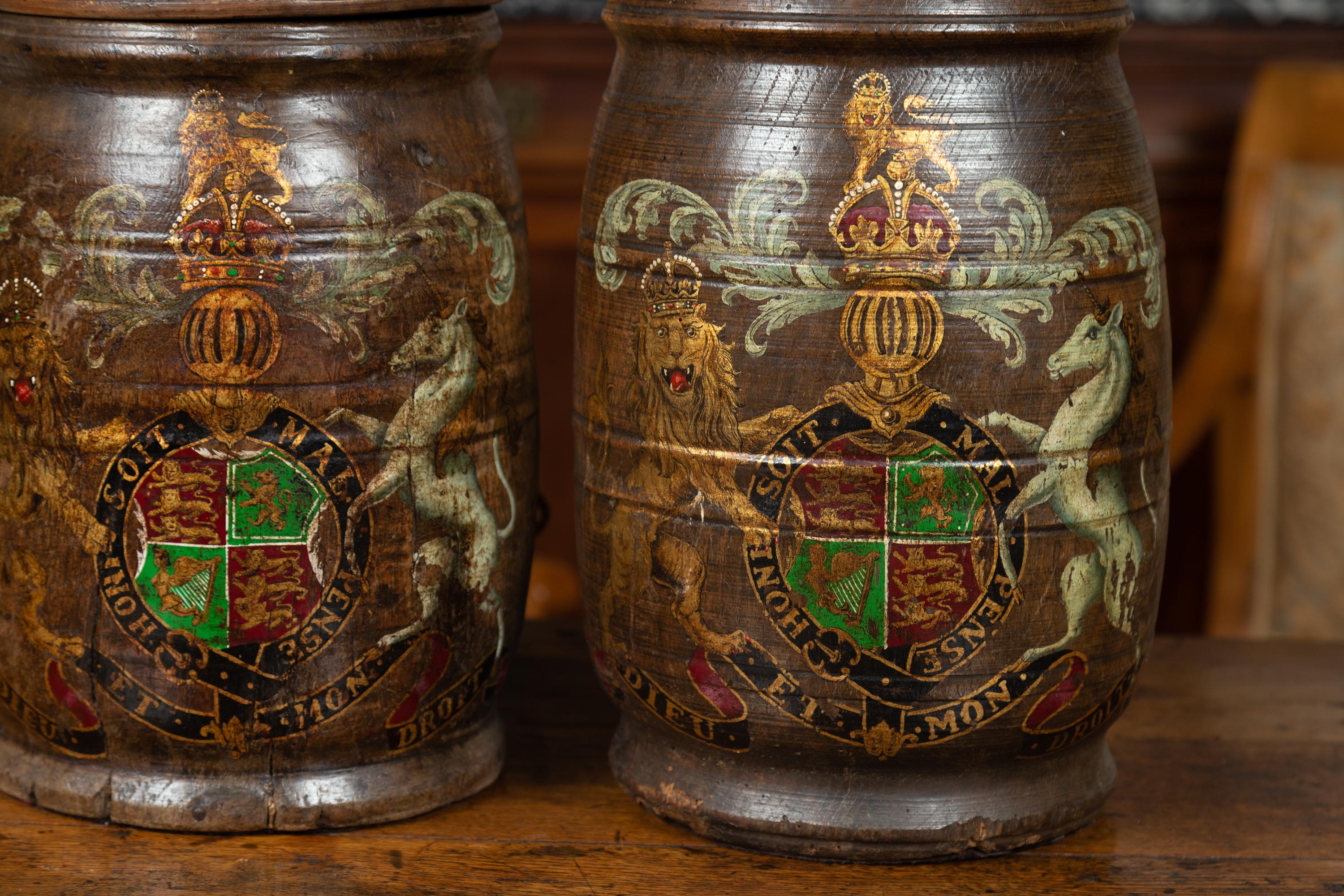 Pair of English 1880s Wooden Barrels with Coat of Arms Made into Table Lamps For Sale 9