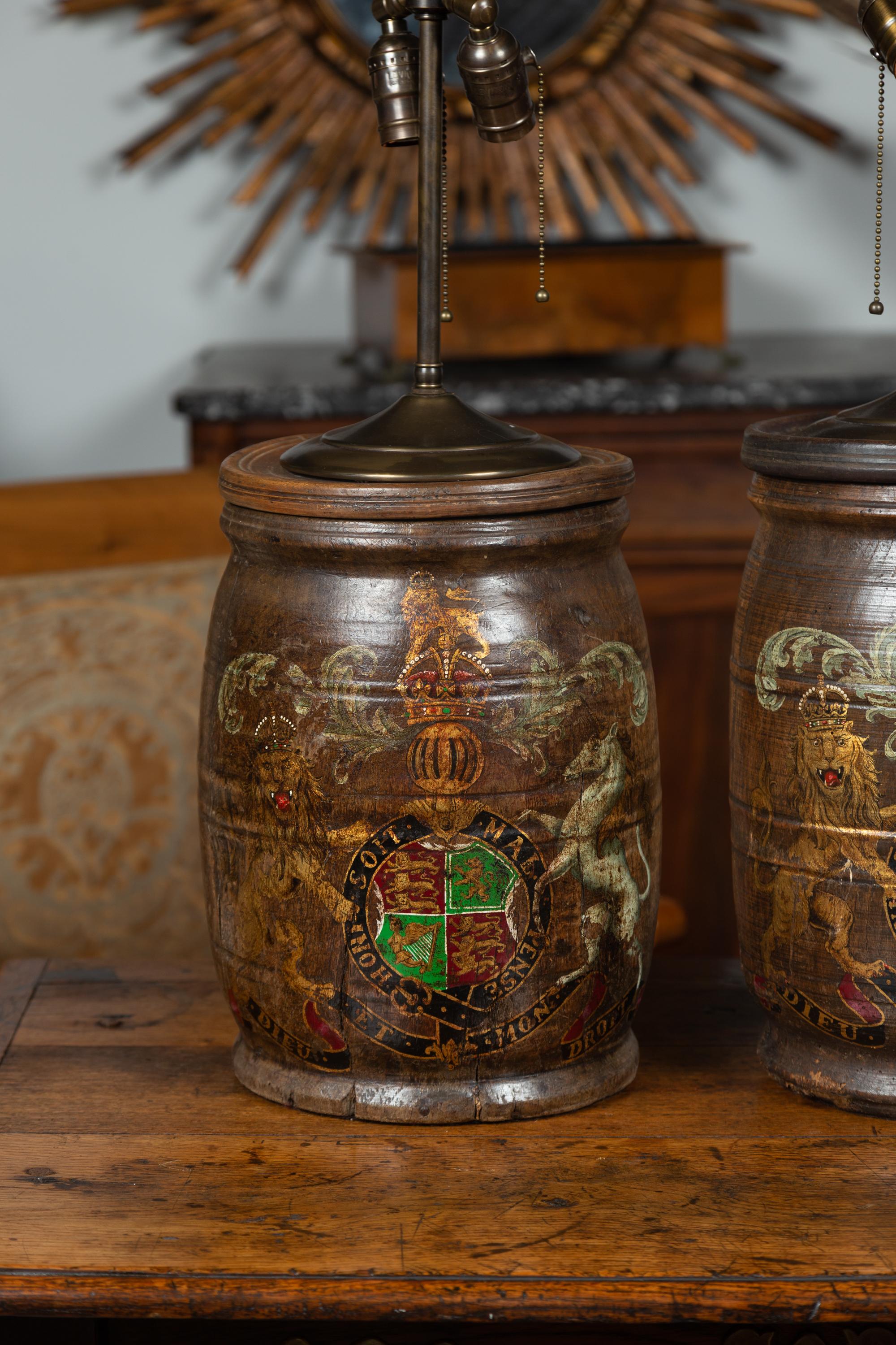 Polychromed Pair of English 1880s Wooden Barrels with Coat of Arms Made into Table Lamps For Sale