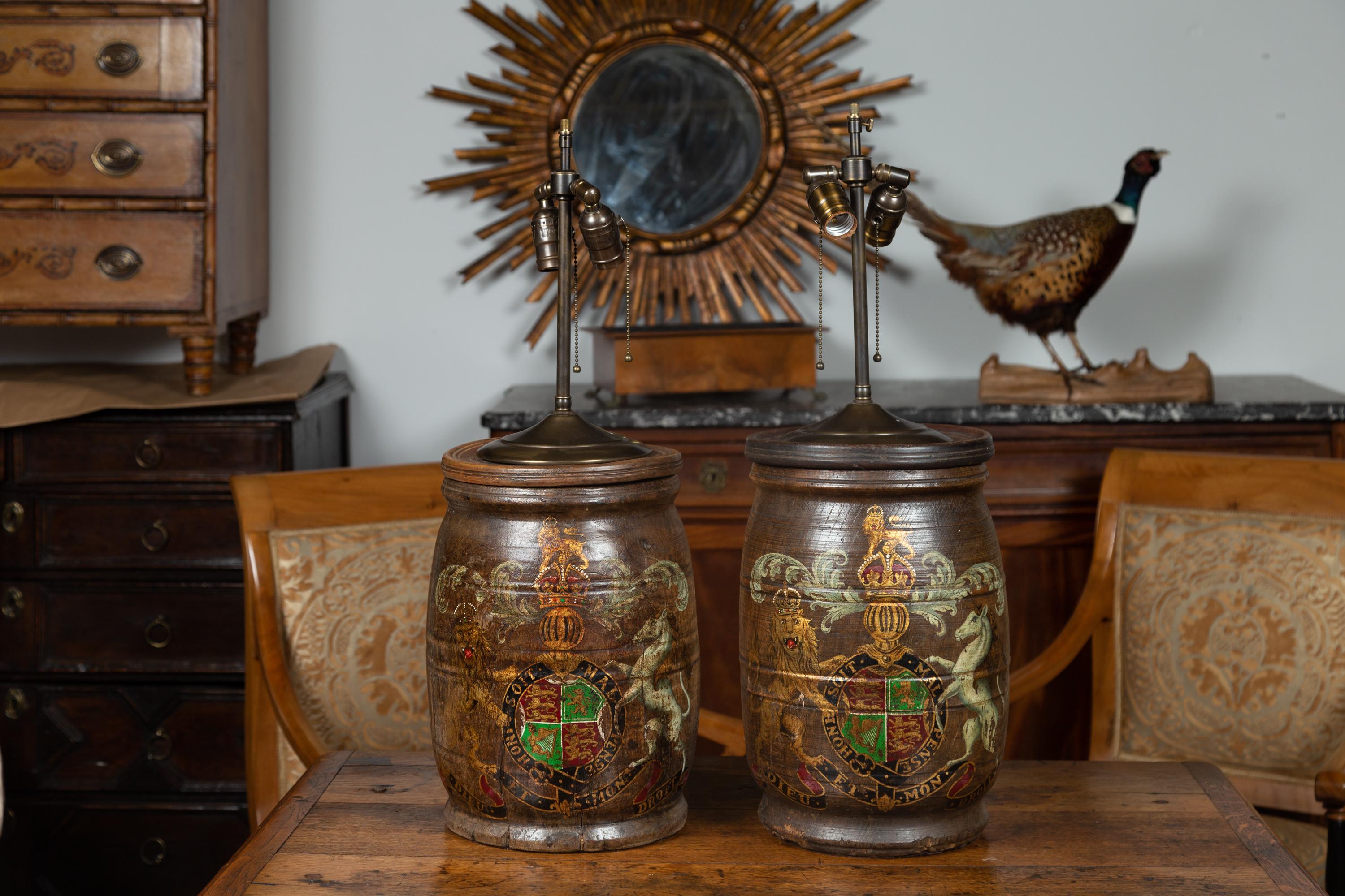Pair of English 1880s Wooden Barrels with Coat of Arms Made into Table Lamps For Sale 4
