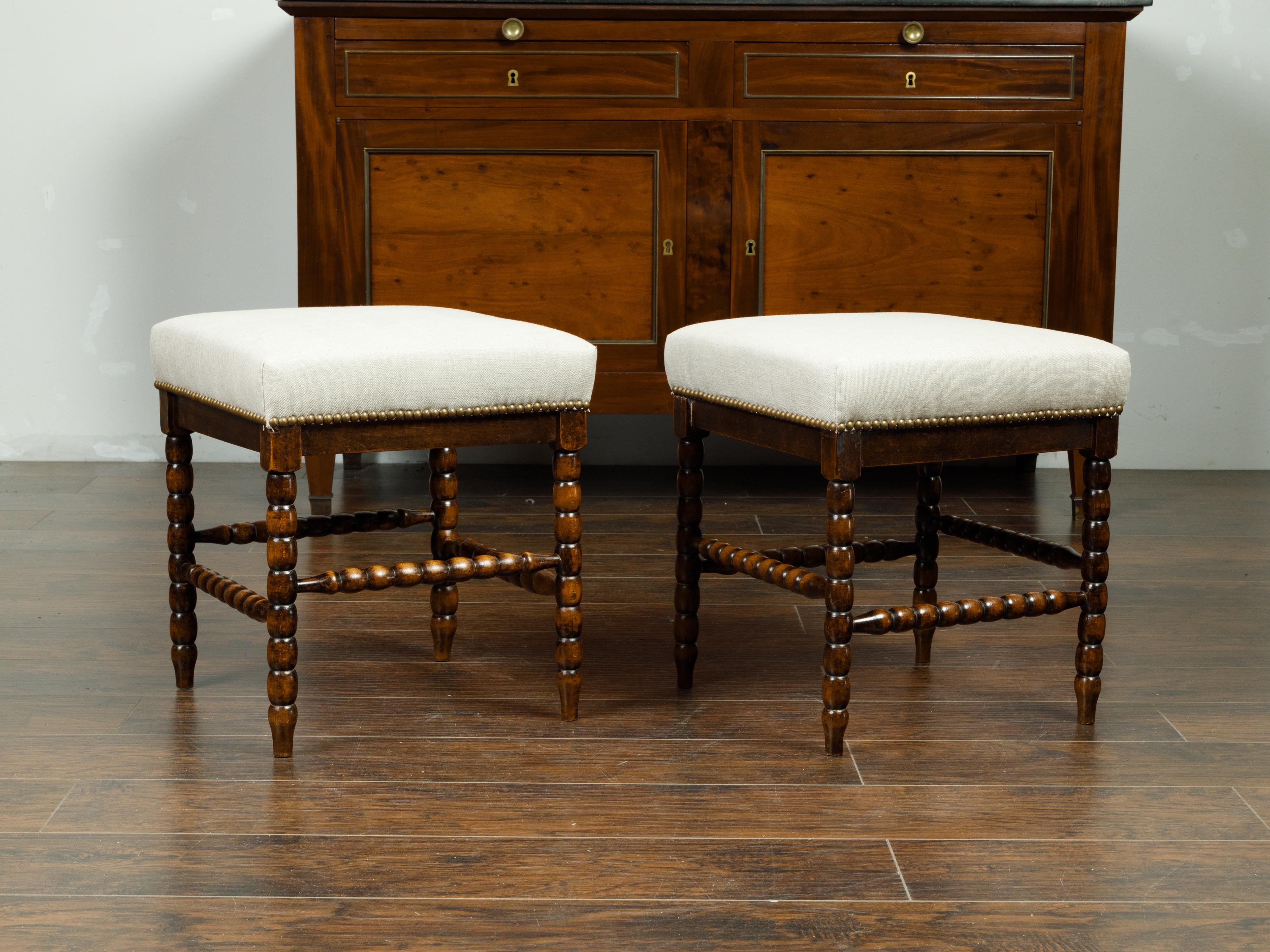 Pair of English 1880s Wooden Bobbin Stools with Side Stretchers and Upholstery In Good Condition In Atlanta, GA