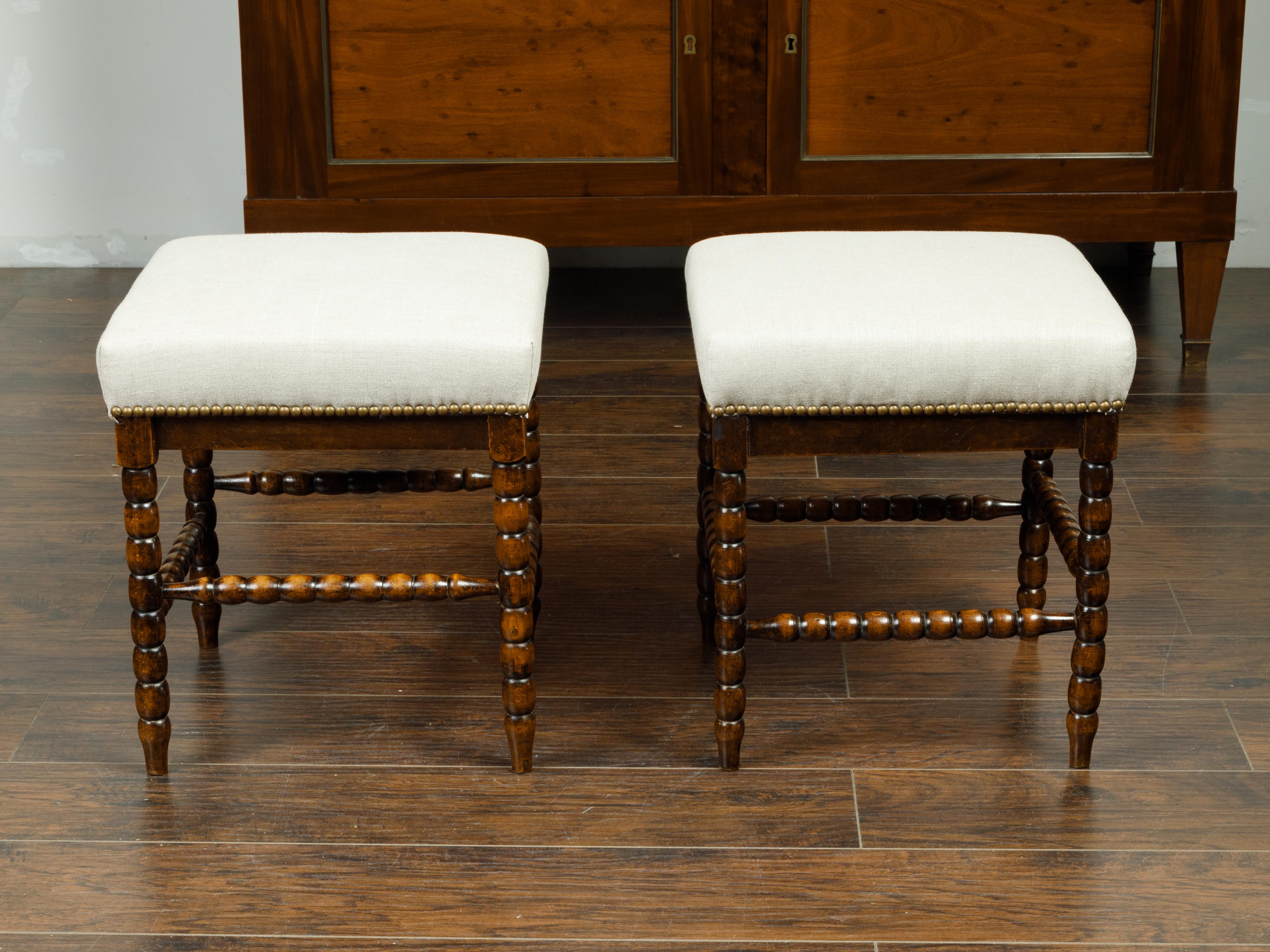 19th Century Pair of English 1880s Wooden Bobbin Stools with Side Stretchers and Upholstery