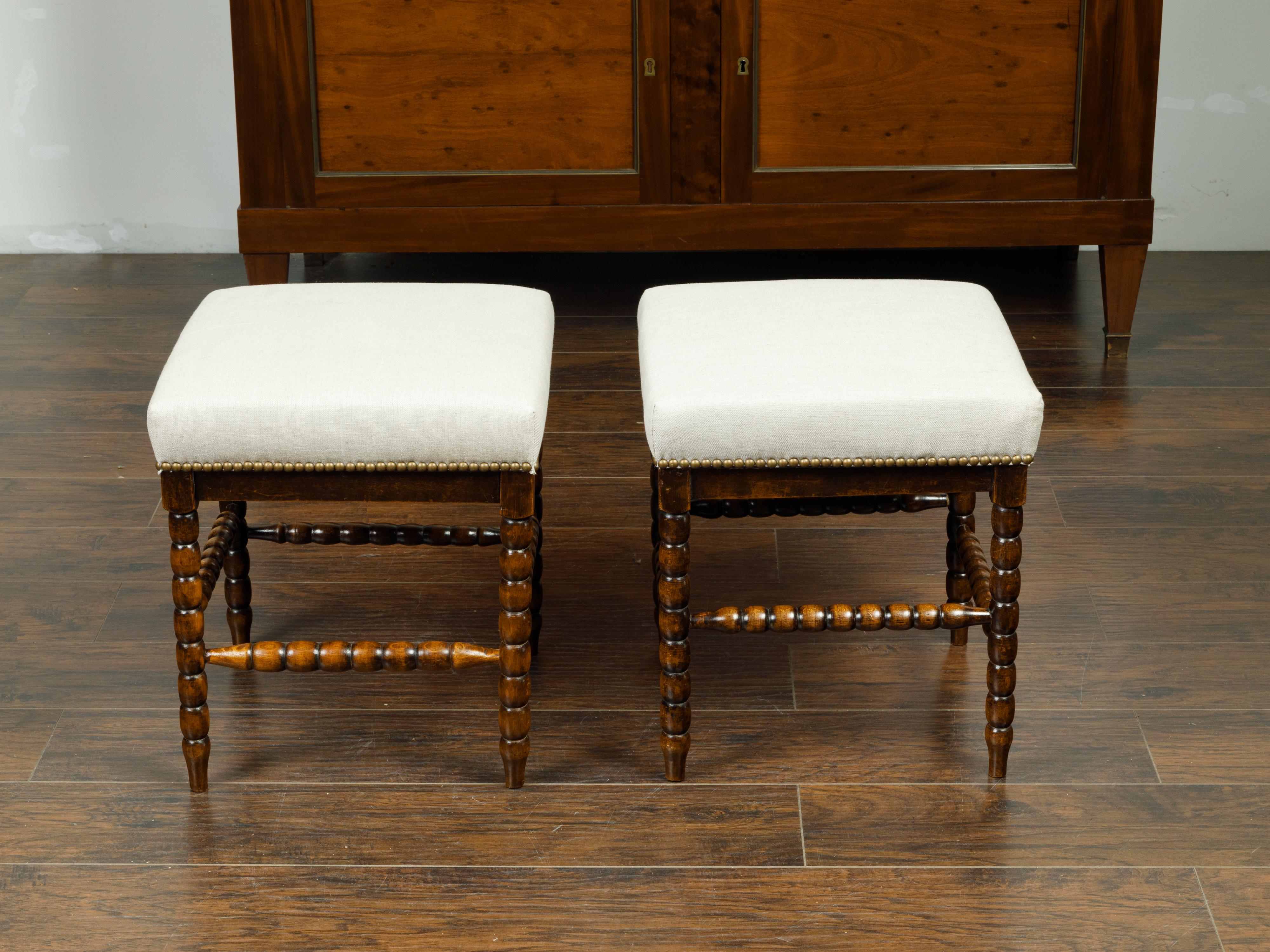 Pair of English 1880s Wooden Bobbin Stools with Side Stretchers and Upholstery 3