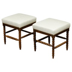 Pair of English 1880s Wooden Bobbin Stools with Side Stretchers and Upholstery