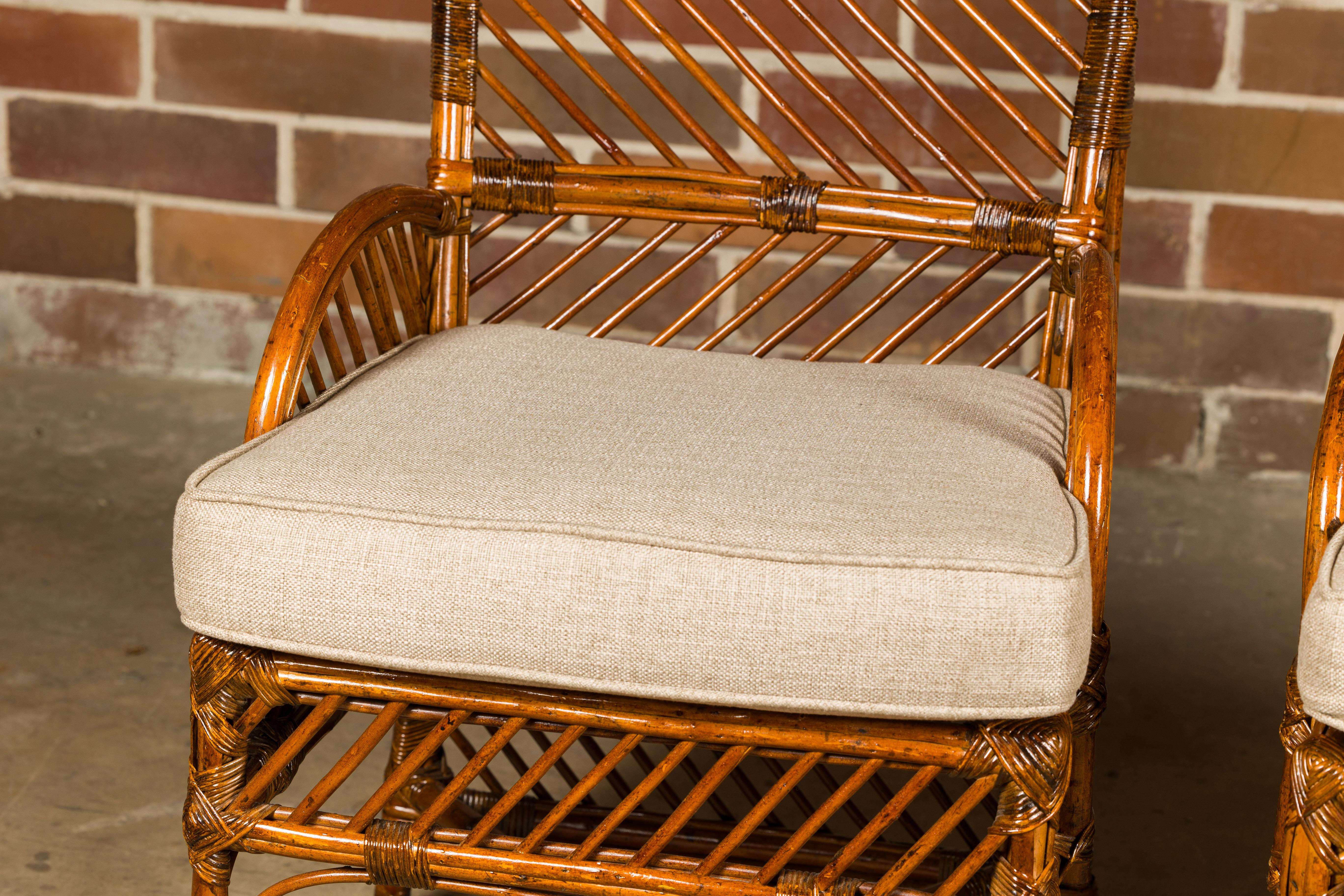 Pair of English 1890-1920s Bamboo and Rattan Chairs with Custom Cushions 6