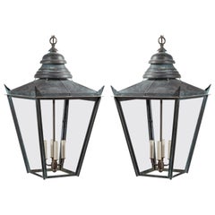 Pair of English 1890s Four-Light Copper Lanterns with Glass Panels, Wired