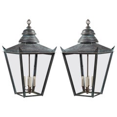 Pair of English 1890s Four-Light Copper Lanterns with Glass Panels, Wired