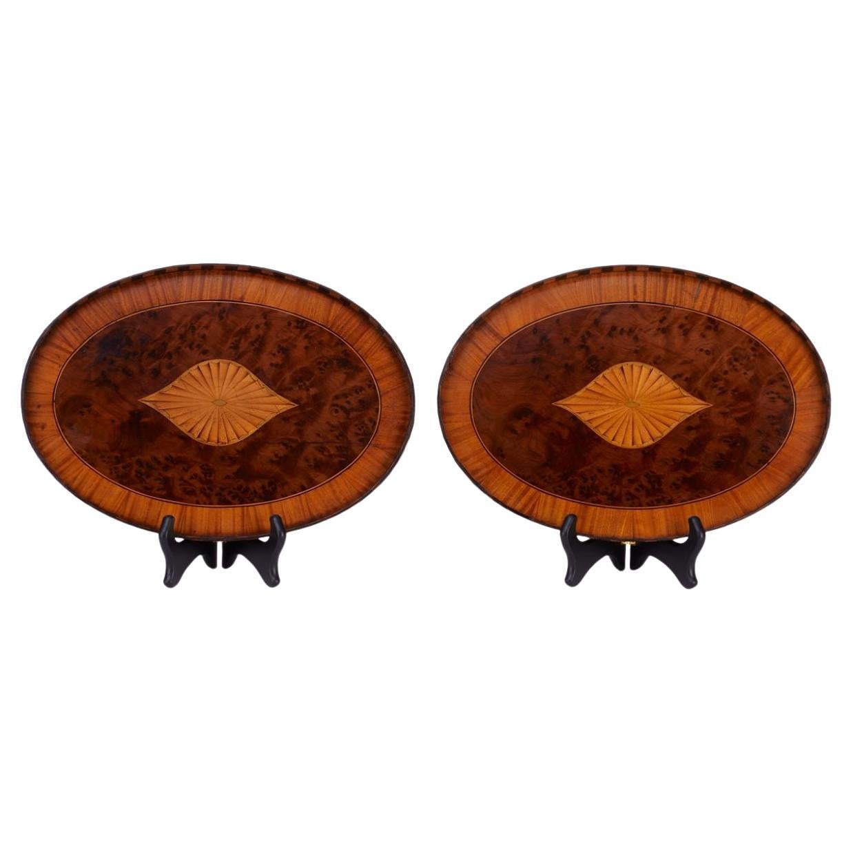 Pair of English 18th Century Mahogany Trays w/ Inlaid Satinwood and Burl Walnut