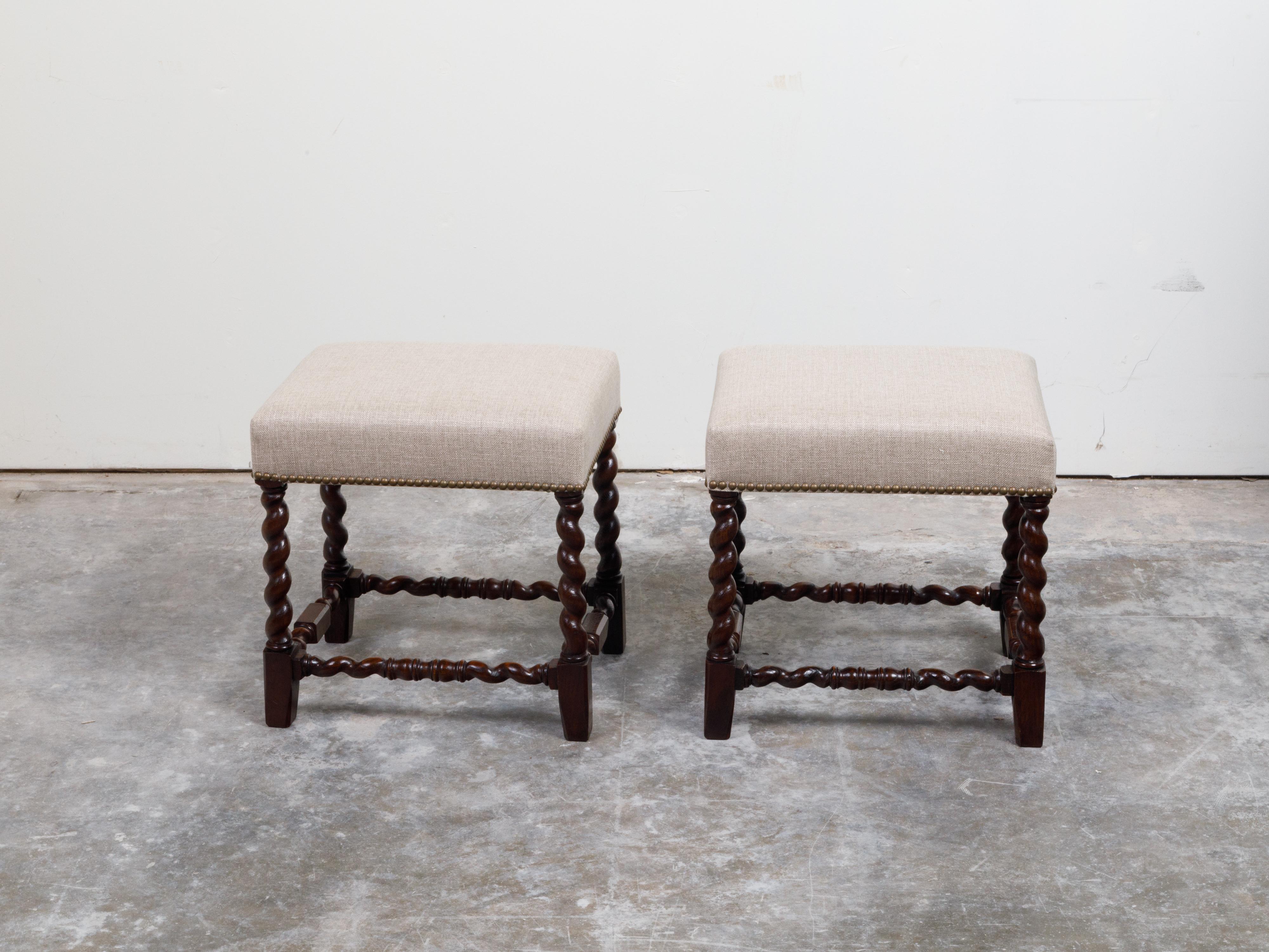 Pair of English 1900s Barley Twist Oak Stools with Upholstered Seats 4