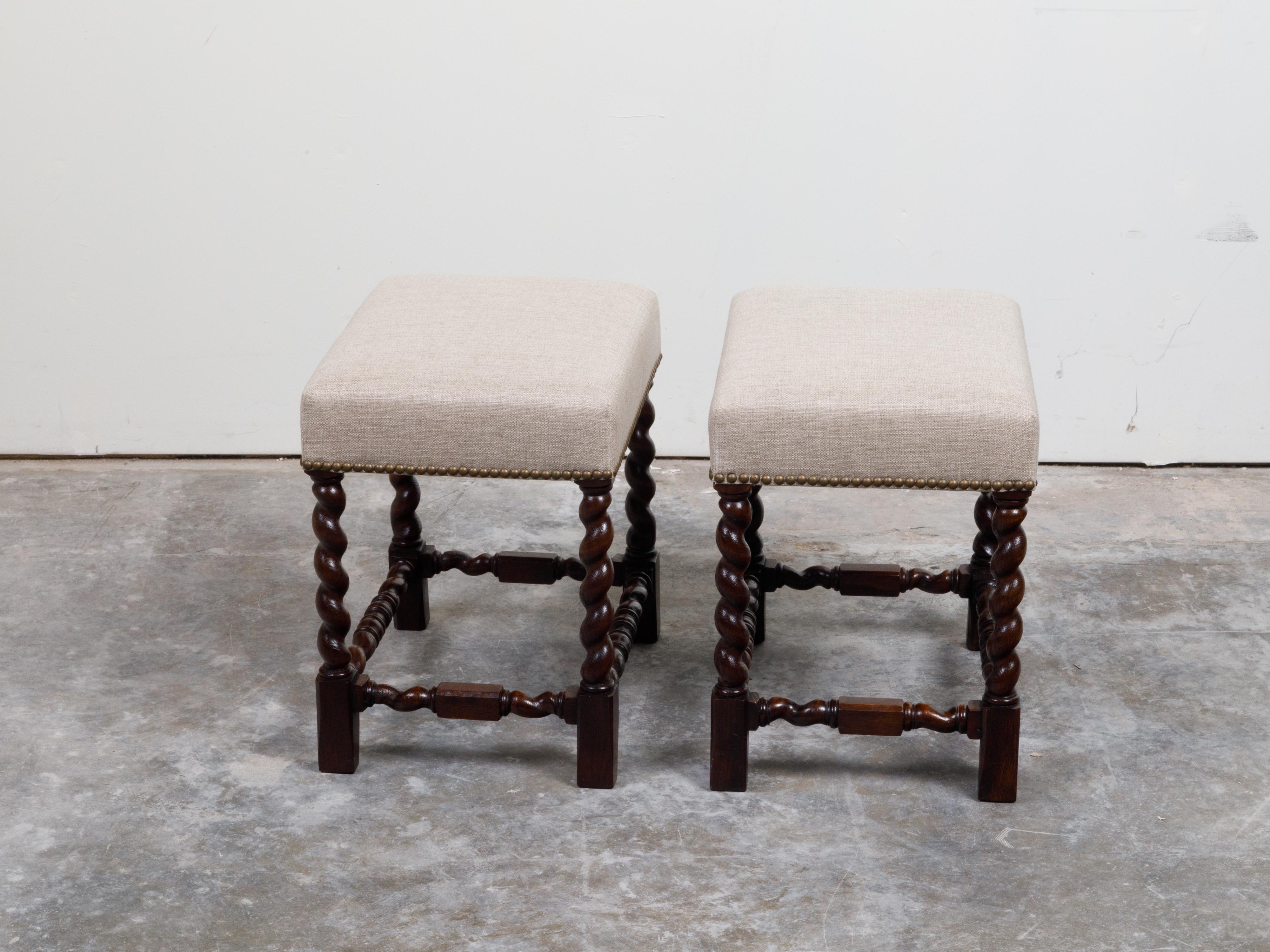 Pair of English 1900s Barley Twist Oak Stools with Upholstered Seats 5