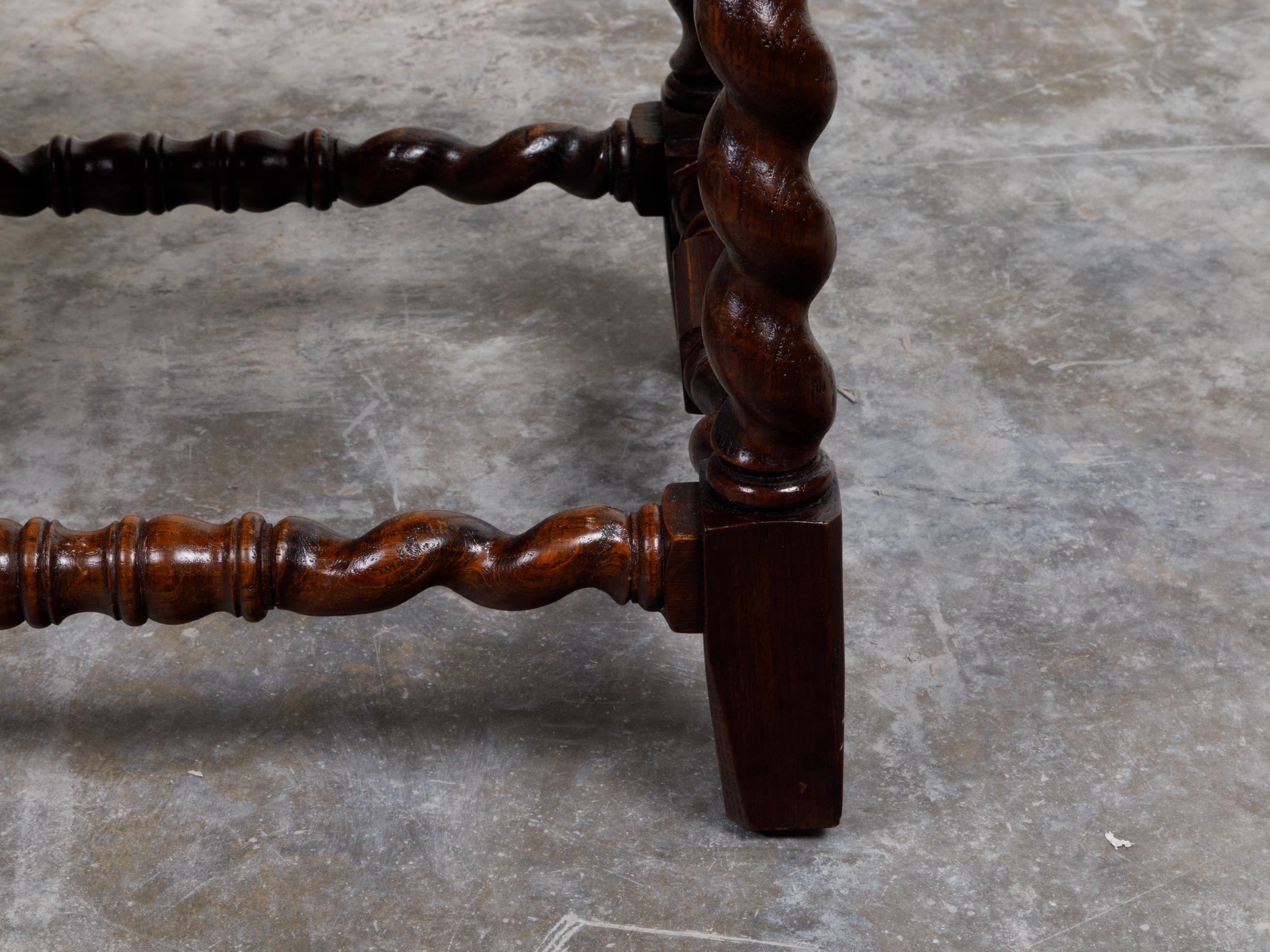 20th Century Pair of English 1900s Barley Twist Oak Stools with Upholstered Seats