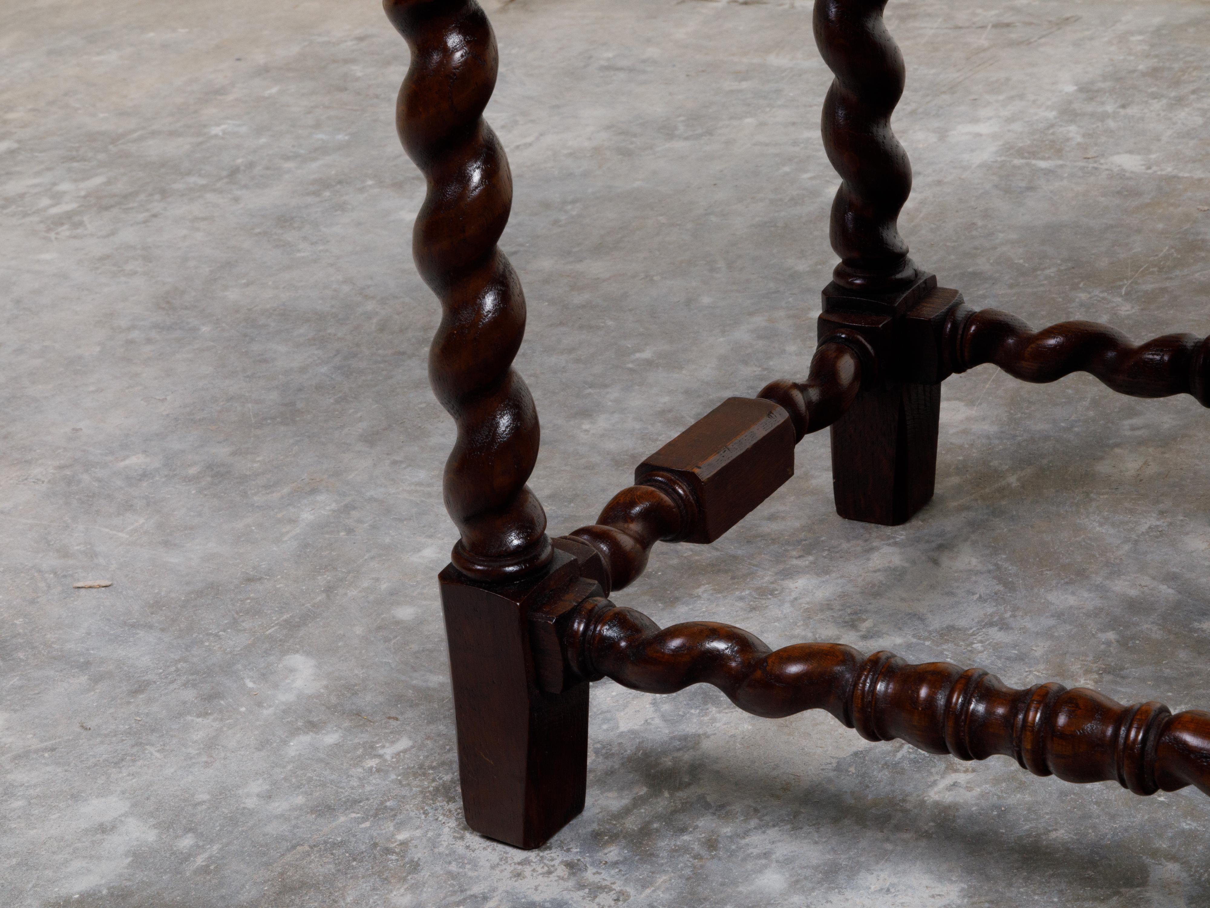 Pair of English 1900s Barley Twist Oak Stools with Upholstered Seats 1