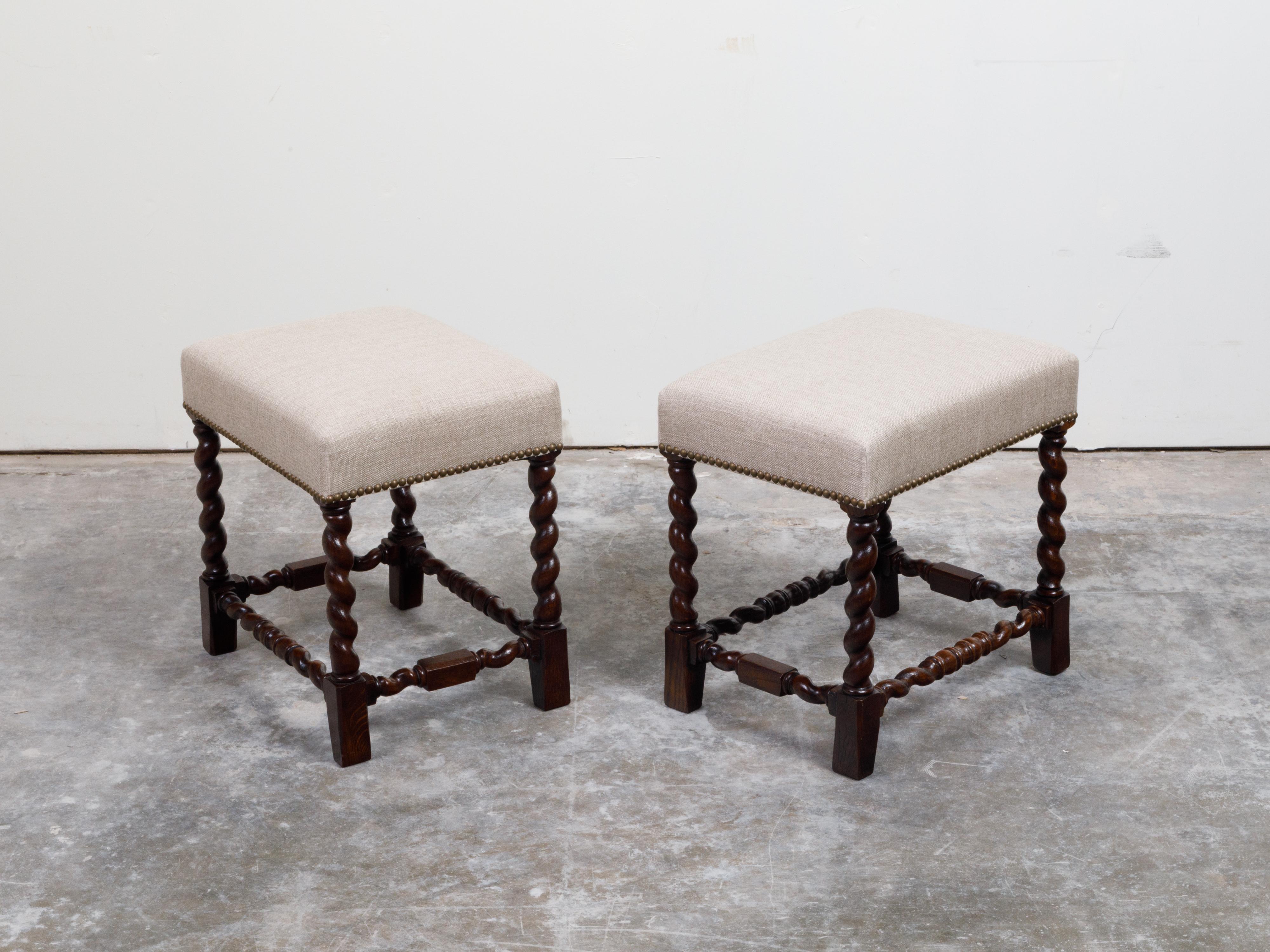 Pair of English 1900s Barley Twist Oak Stools with Upholstered Seats 2