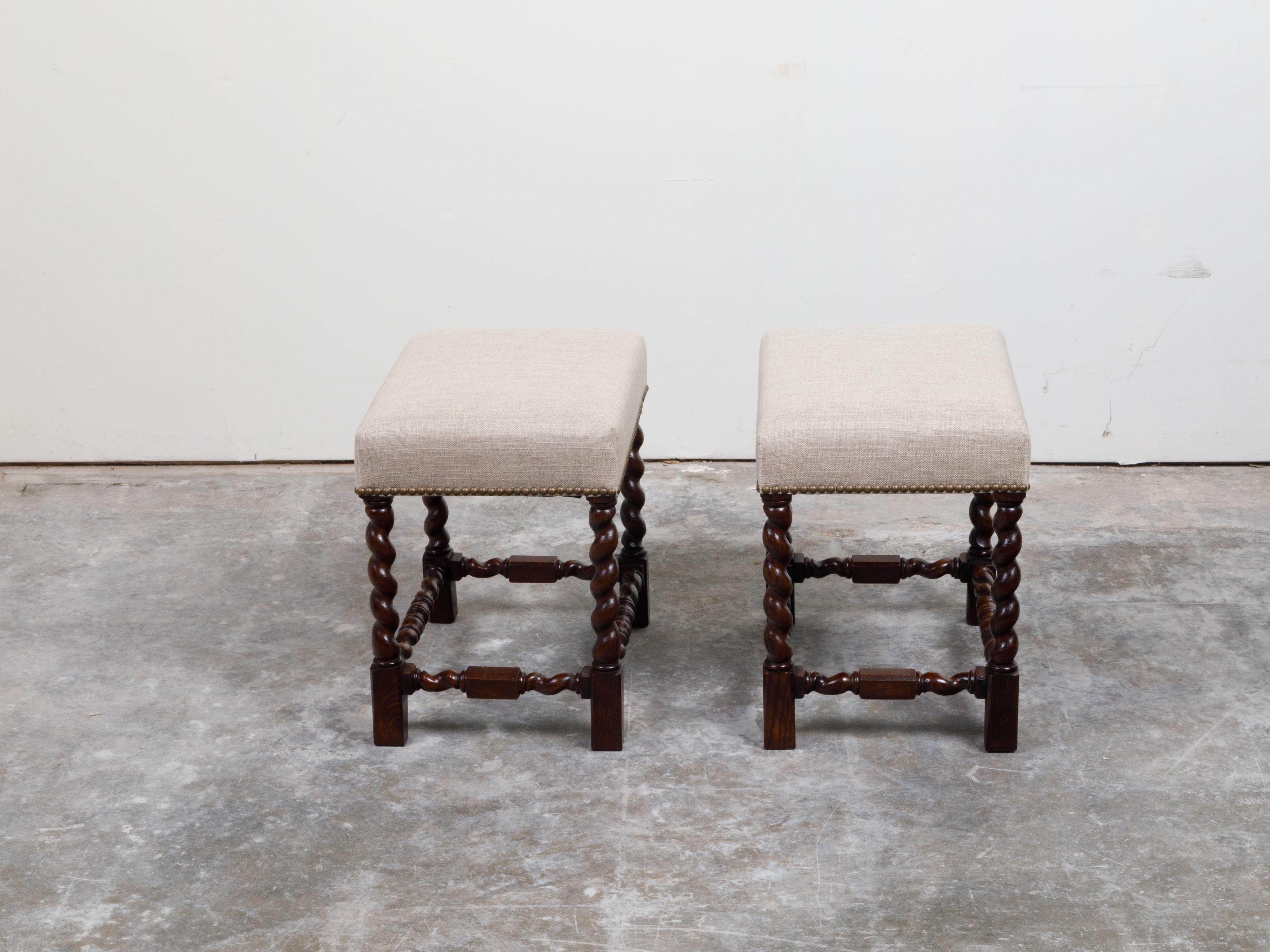 Pair of English 1900s Barley Twist Oak Stools with Upholstered Seats 3