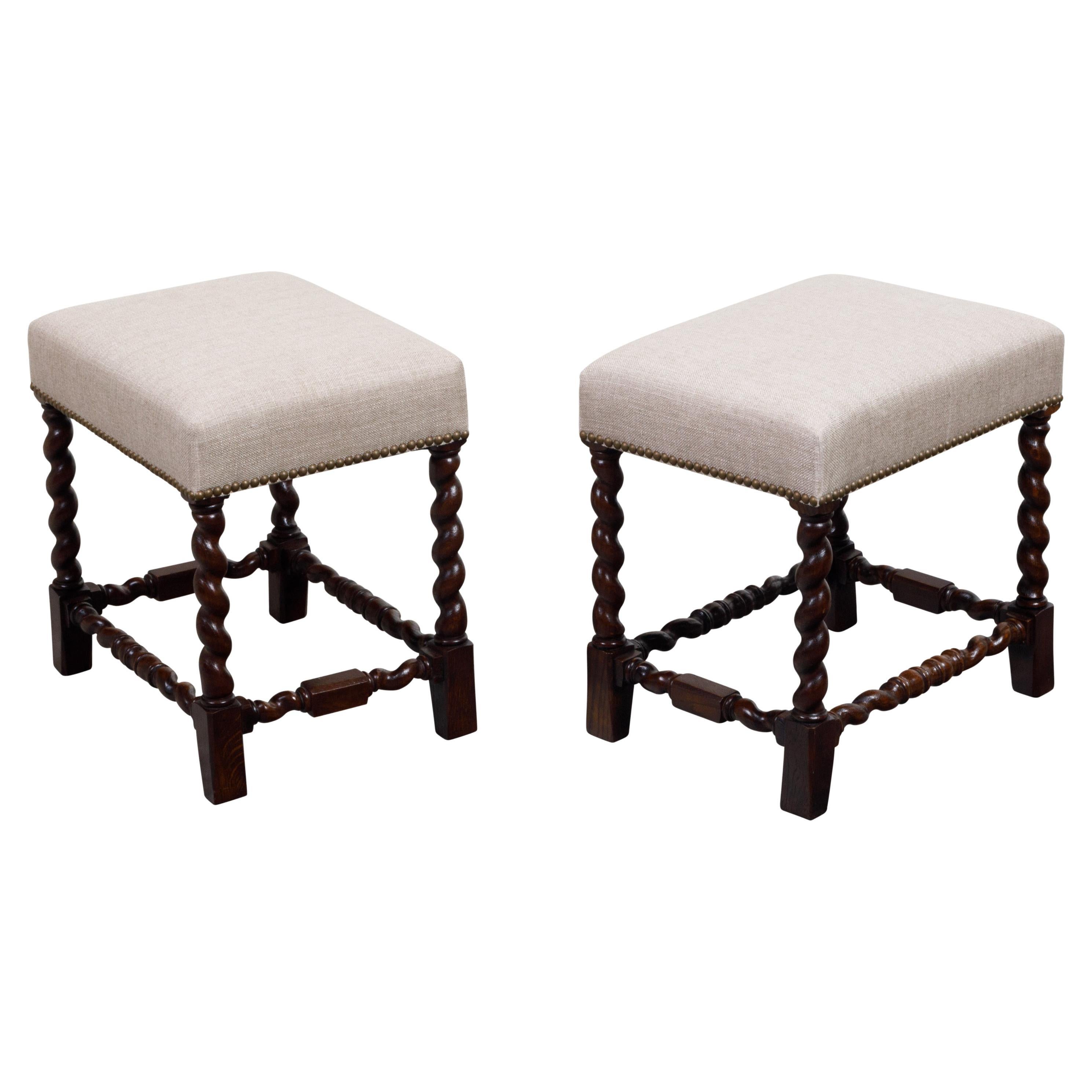 Pair of English 1900s Barley Twist Oak Stools with Upholstered Seats