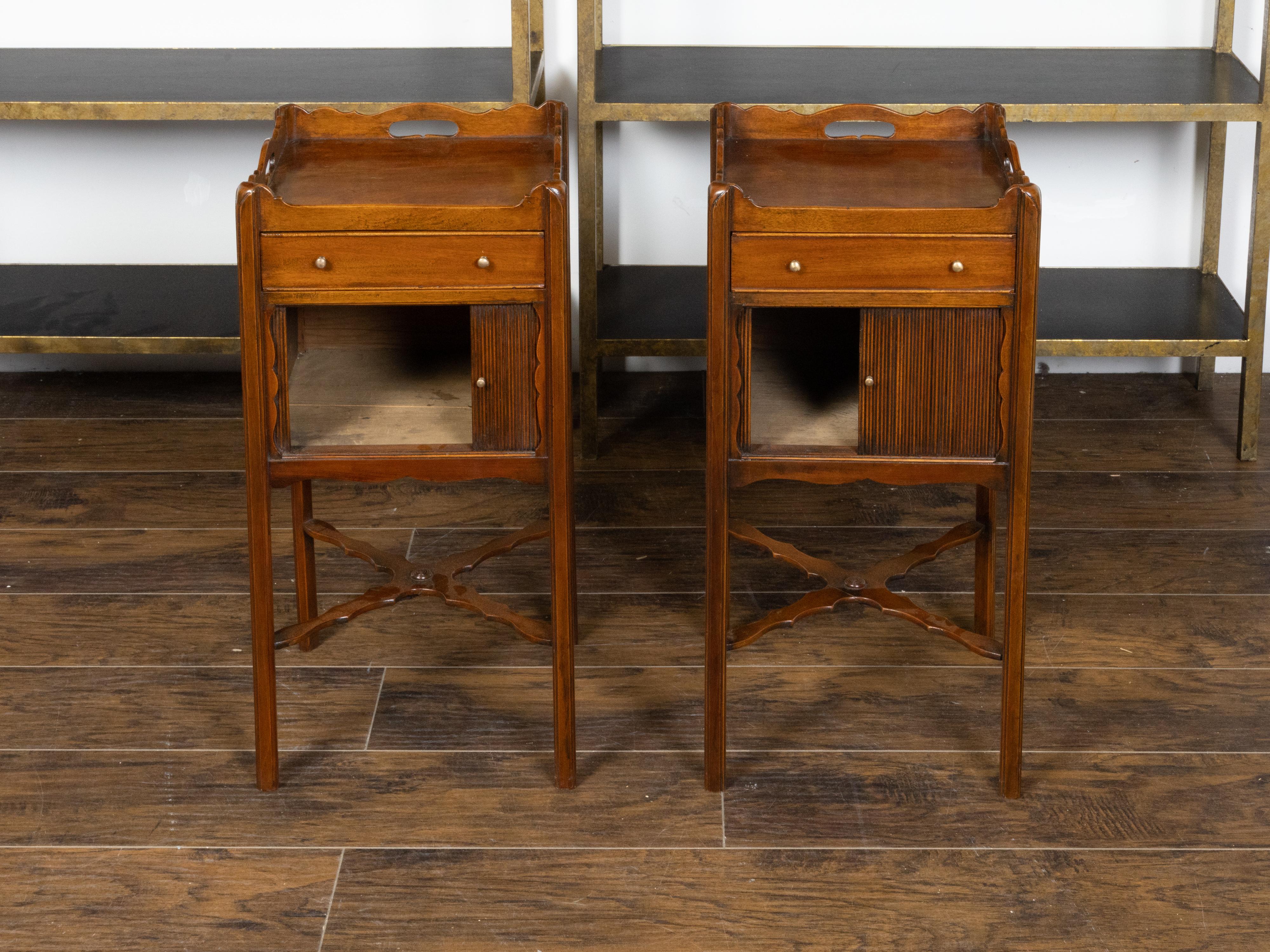 20th Century Pair of English 1900s Mahogany Bedside Tables with Drawer and Tambour Door