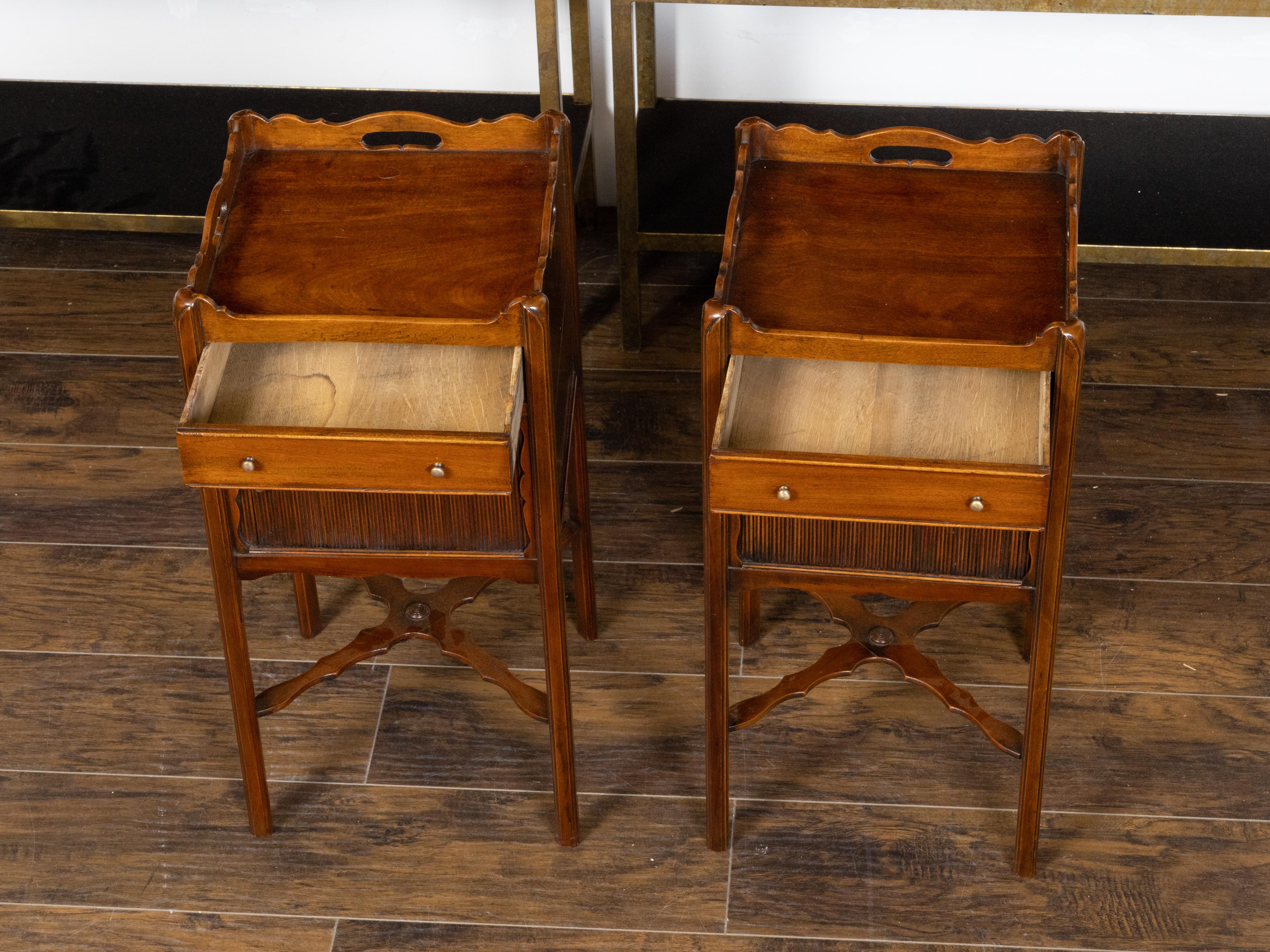 Pair of English 1900s Mahogany Bedside Tables with Drawer and Tambour Door 2