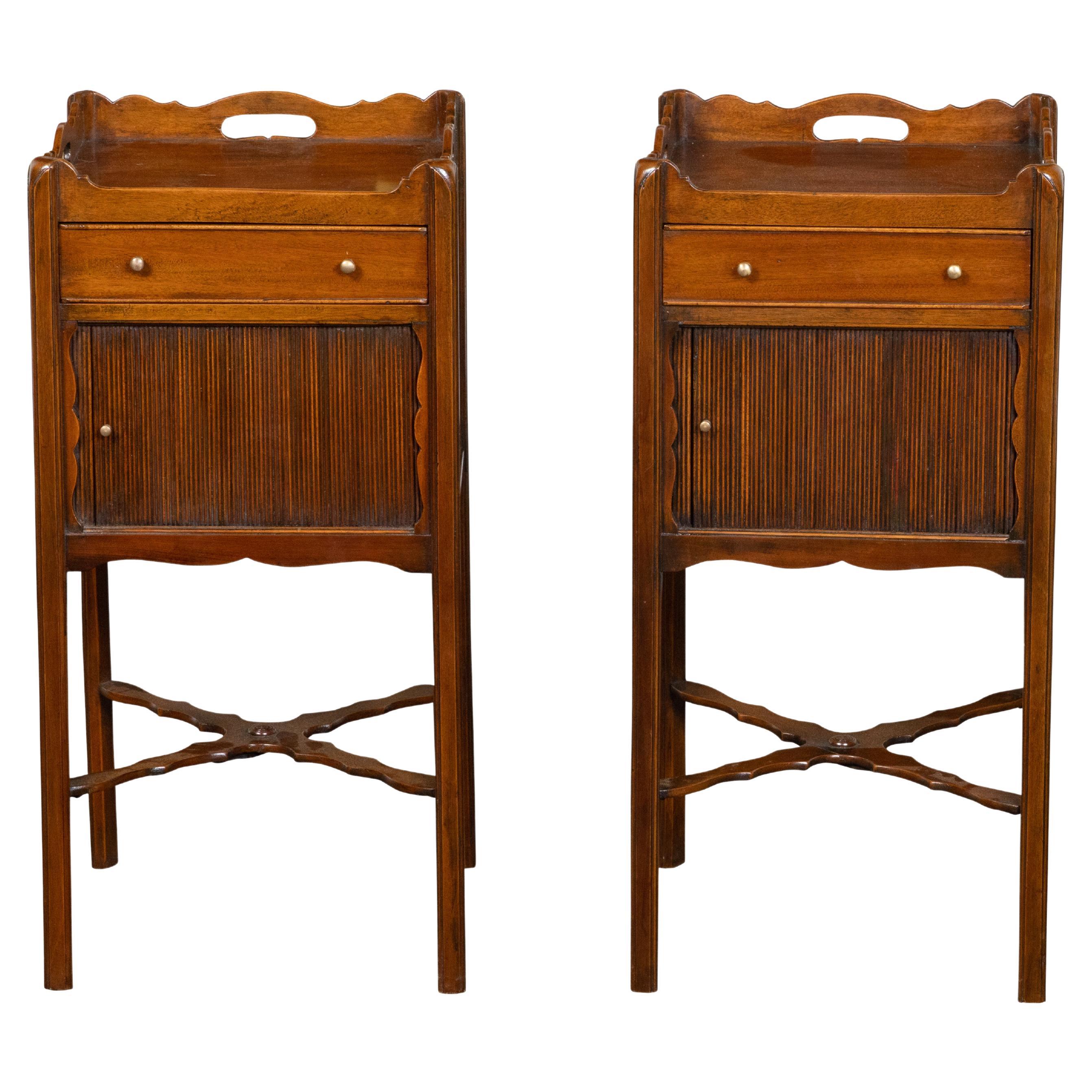 Pair of English 1900s Mahogany Bedside Tables with Drawer and Tambour Door